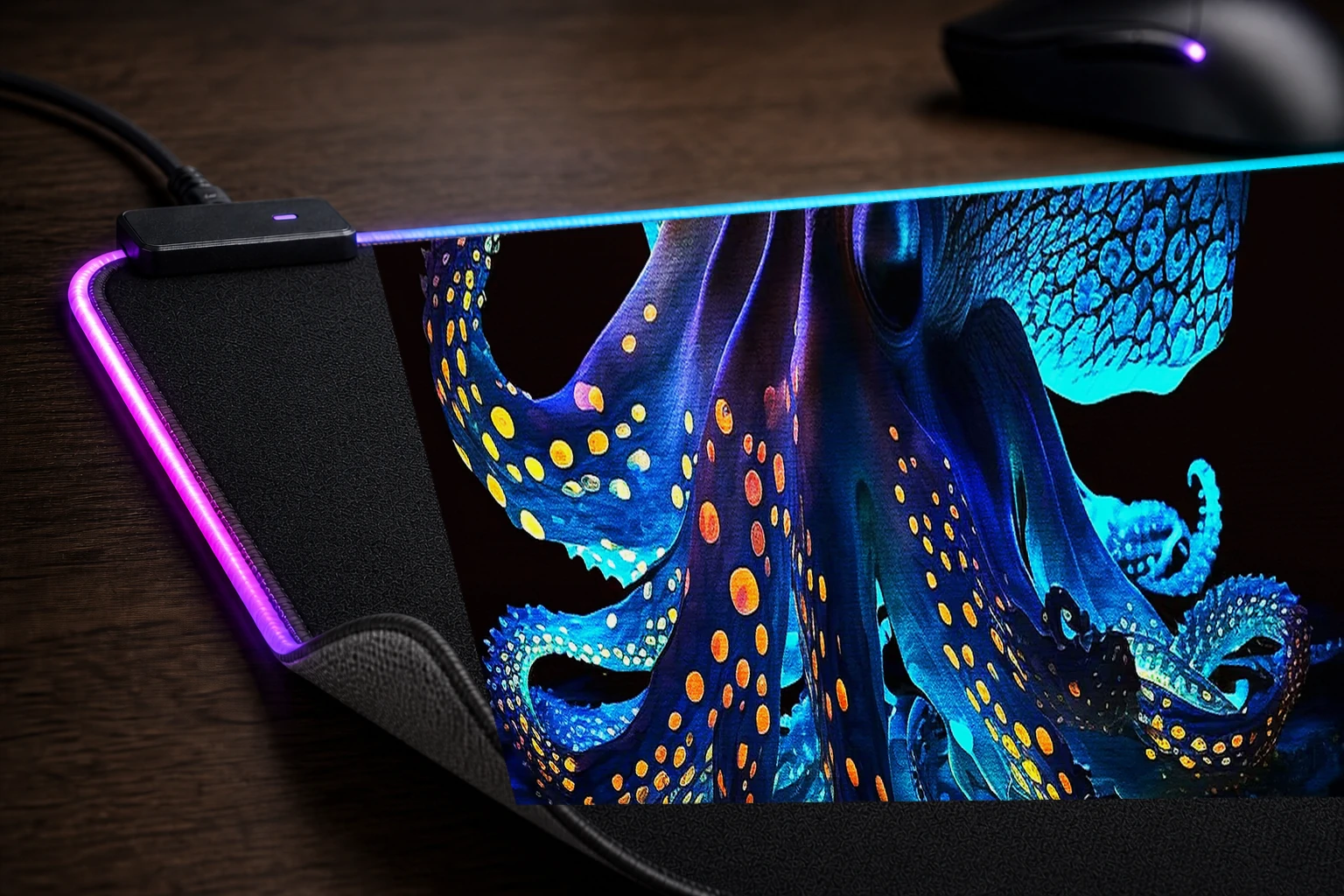 Neon Octopus RGB Desk Mat controller and material detail