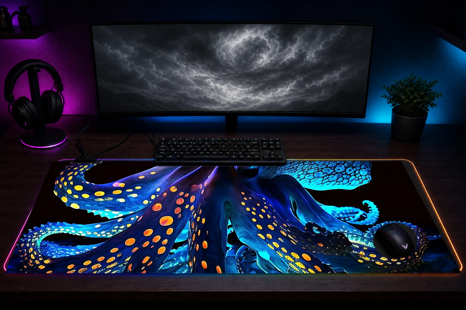 Neon Octopus RGB Desk Mat immersive setup scene