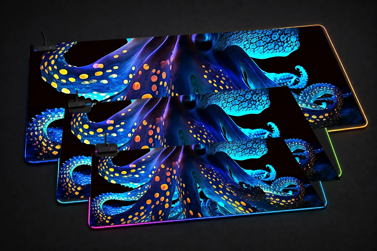 Neon Octopus RGB Desk Mat three-size comparison