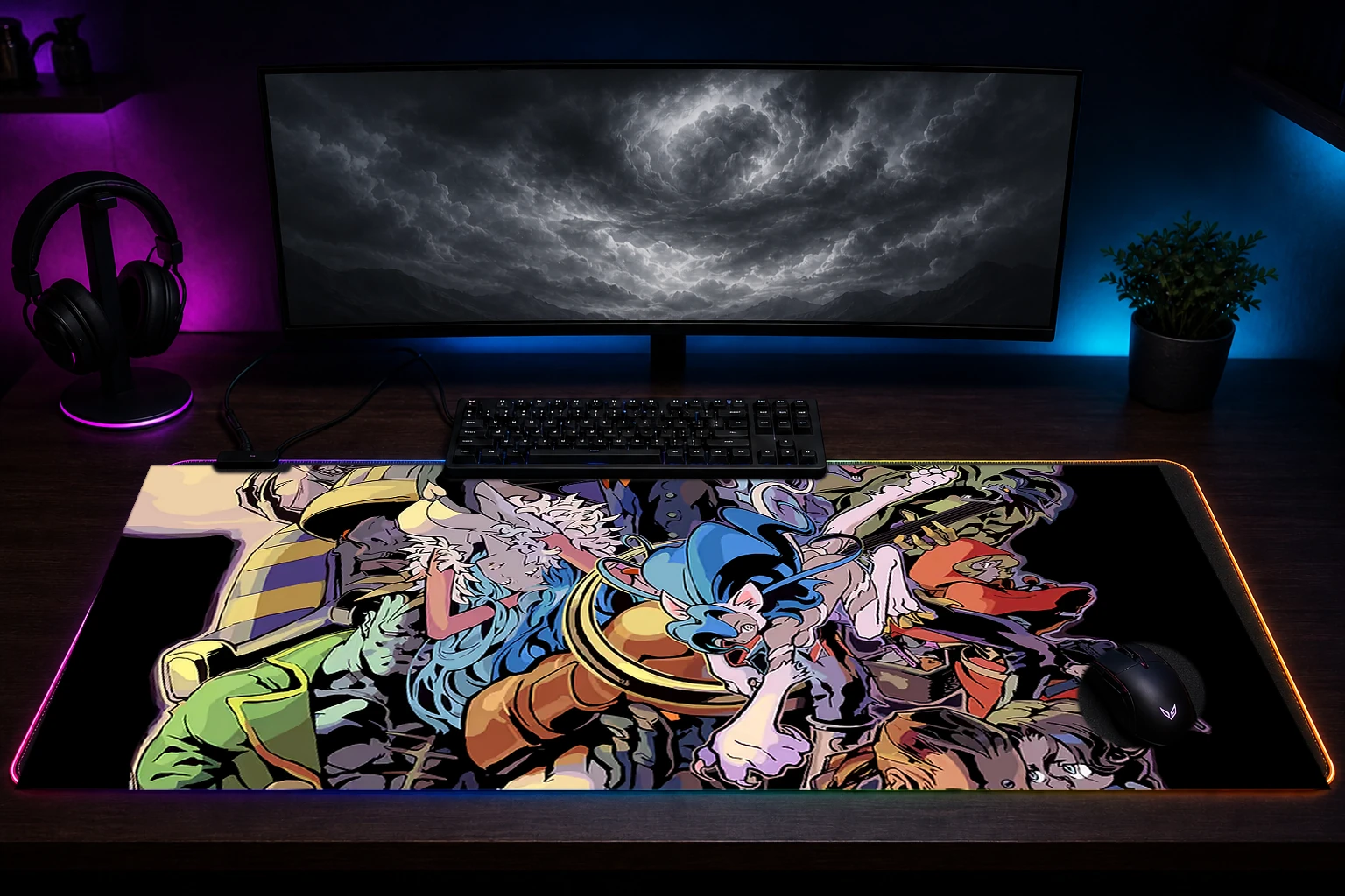 Darkstalkers characters collage RGB Desk Mat immersive setup scene