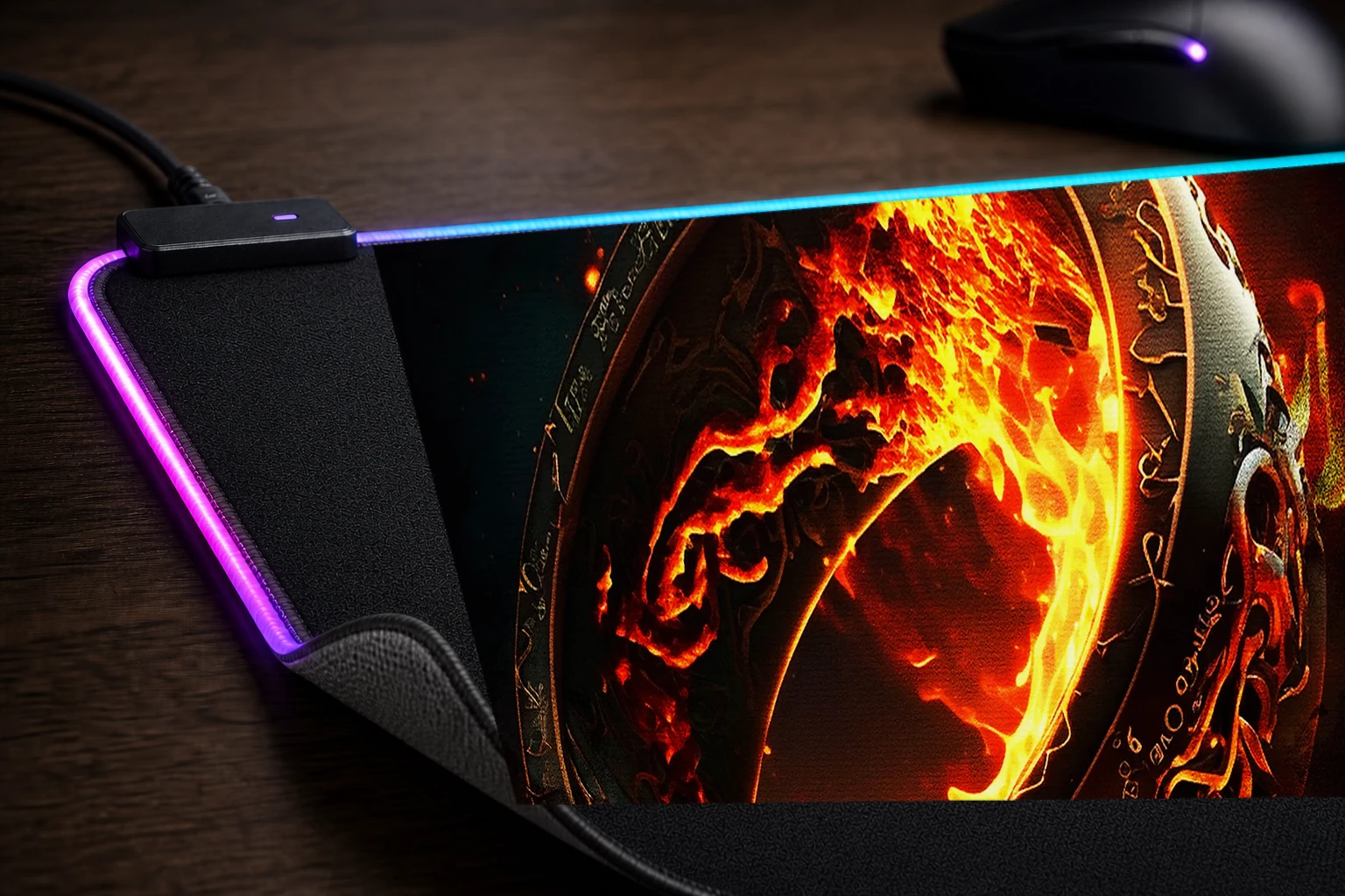 Rings Fire Magic RGB Desk Mat controller and material detail