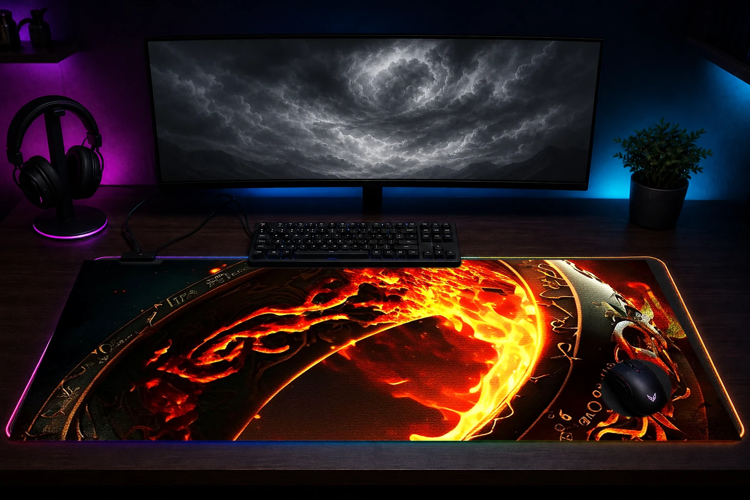 Rings Fire Magic RGB Desk Mat immersive setup scene