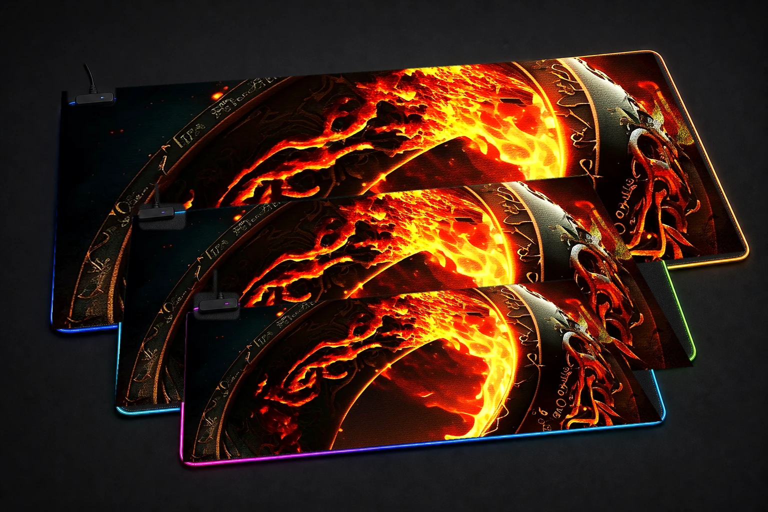 Rings Fire Magic RGB Desk Mat three-size comparison