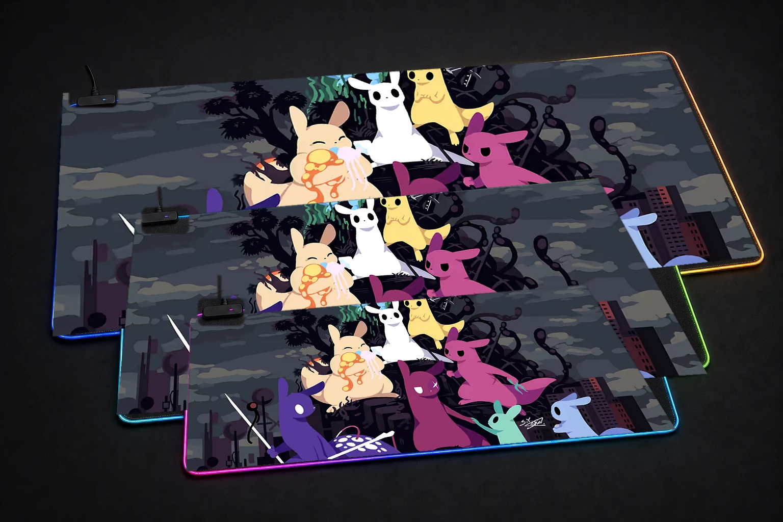 Rain World Slugcats Illustration RGB Desk Mat three-size comparison