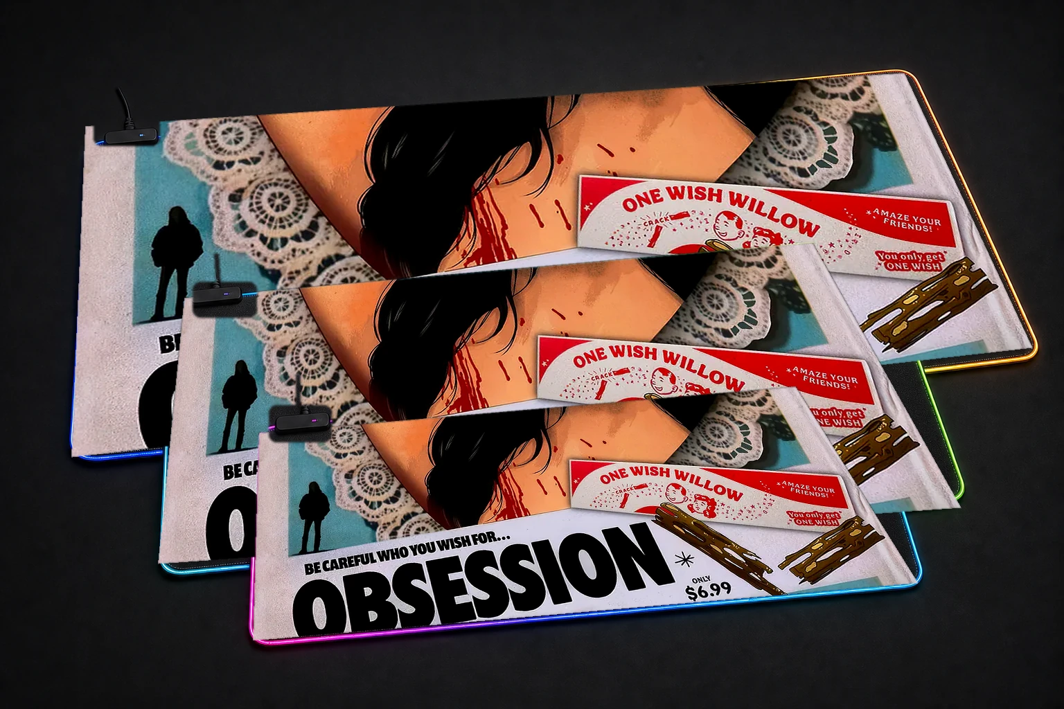 Obsession Movie artwork RGB Desk Mat three-size comparison