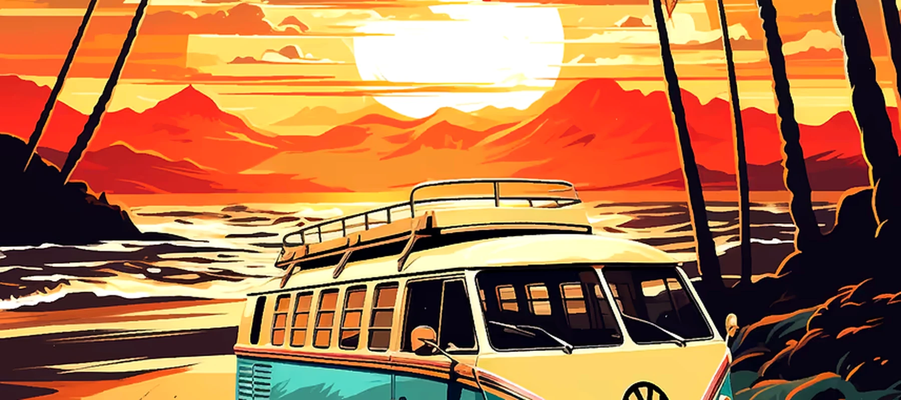 Retro VW Bus Beach Travel RGB Desk Mat full-width design preview