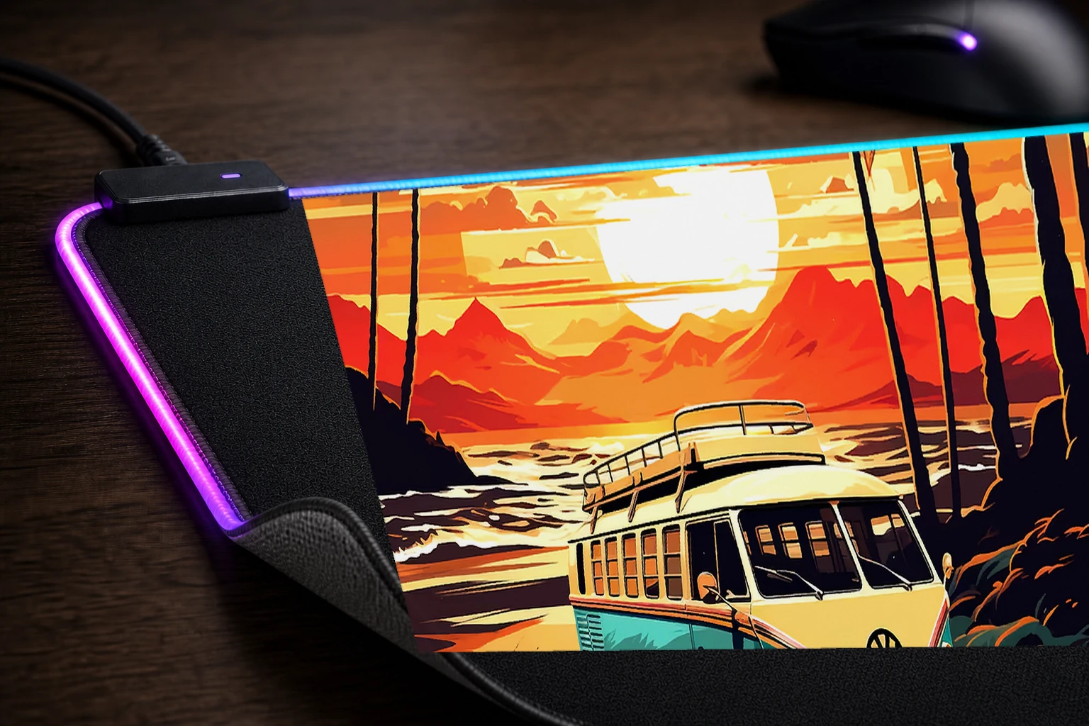 Retro VW Bus Beach Travel RGB Desk Mat controller and material detail