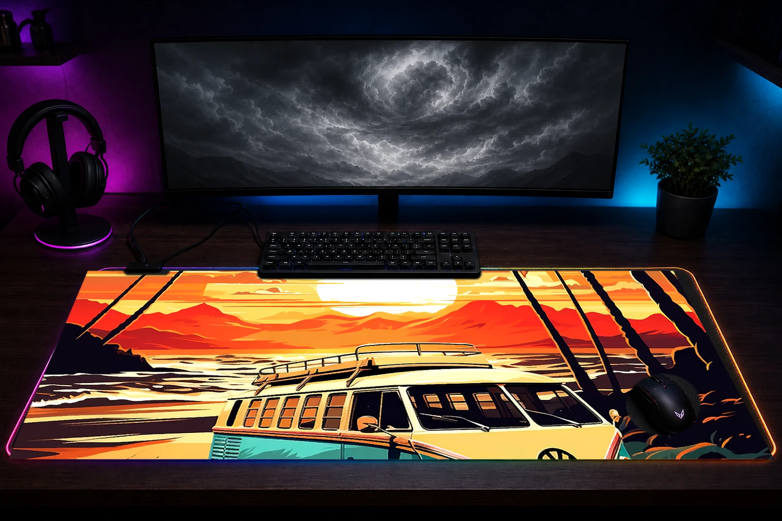 Retro VW Bus Beach Travel RGB Desk Mat immersive setup scene