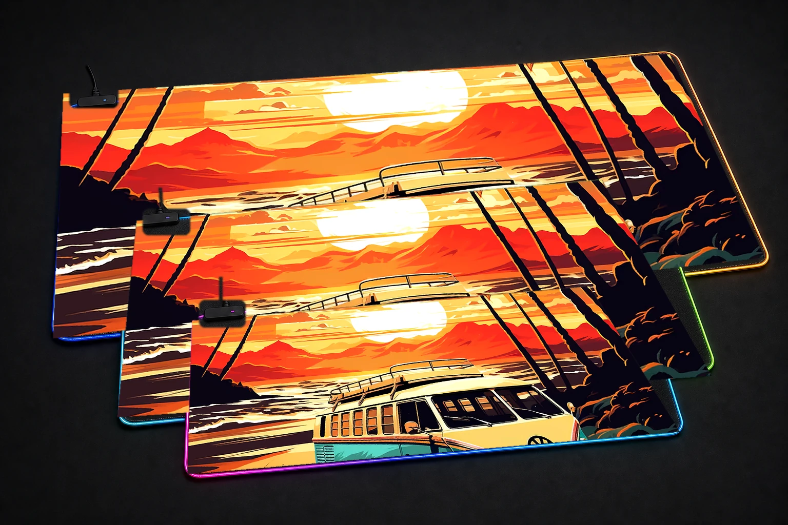 Retro VW Bus Beach Travel RGB Desk Mat three-size comparison