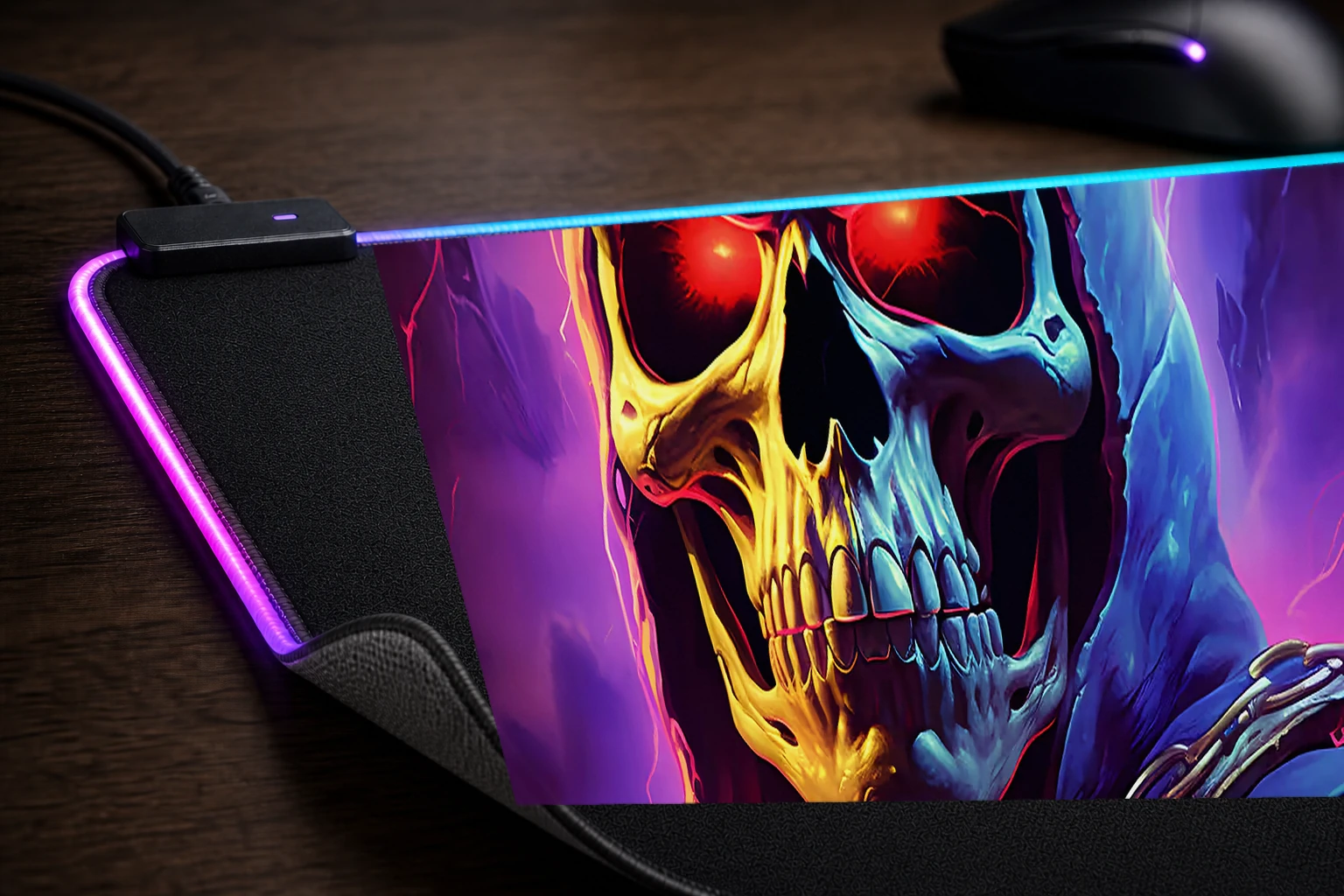 The Skeletor RGB Desk Mat controller and material detail