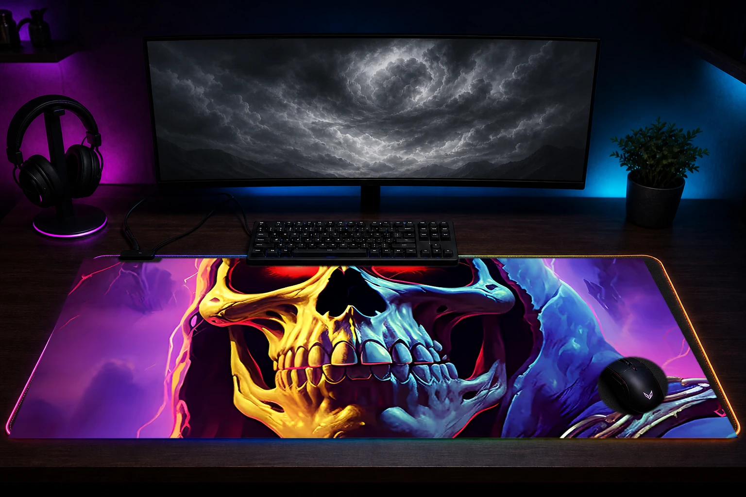 The Skeletor RGB Desk Mat immersive setup scene