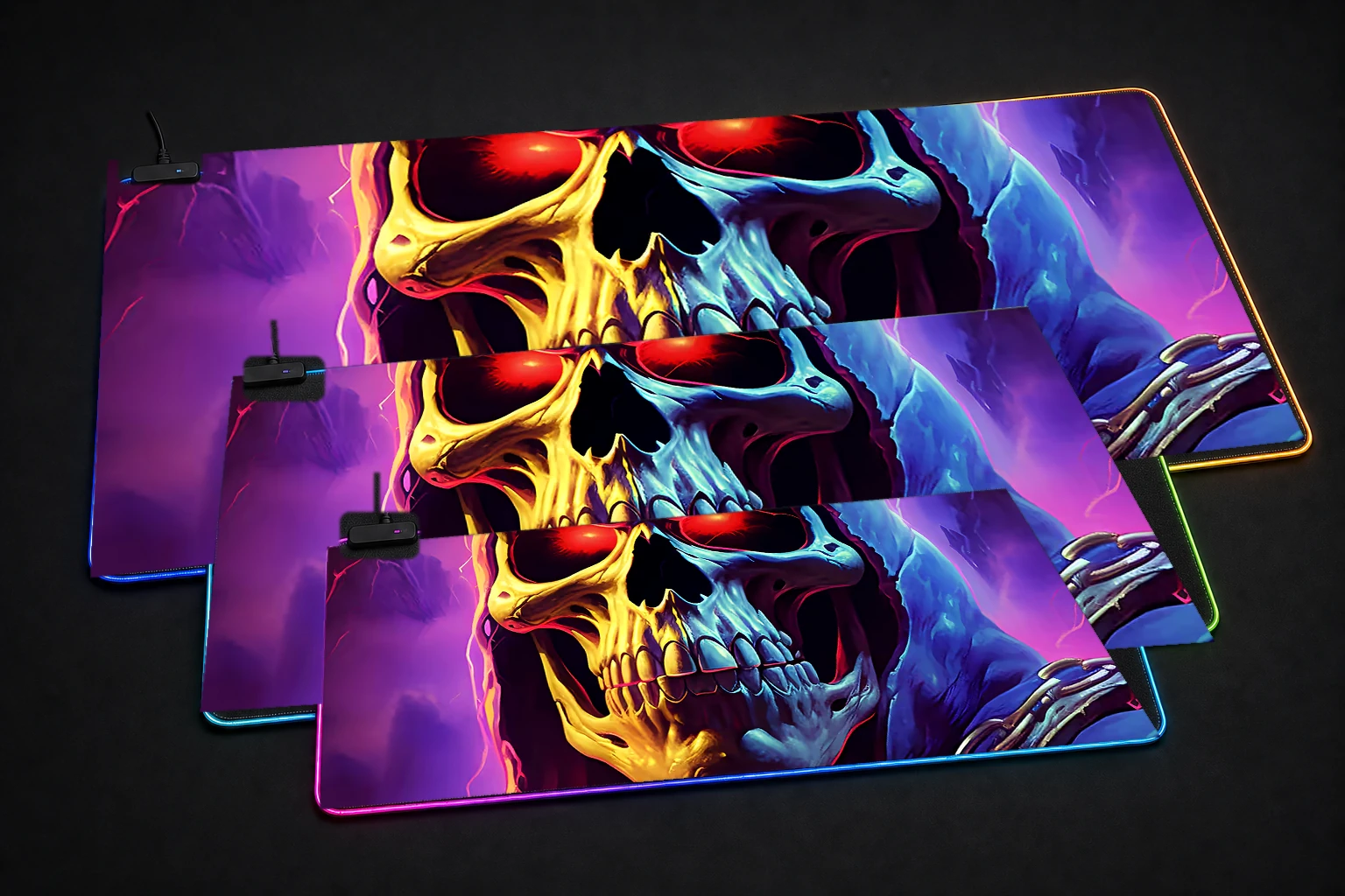 The Skeletor RGB Desk Mat three-size comparison