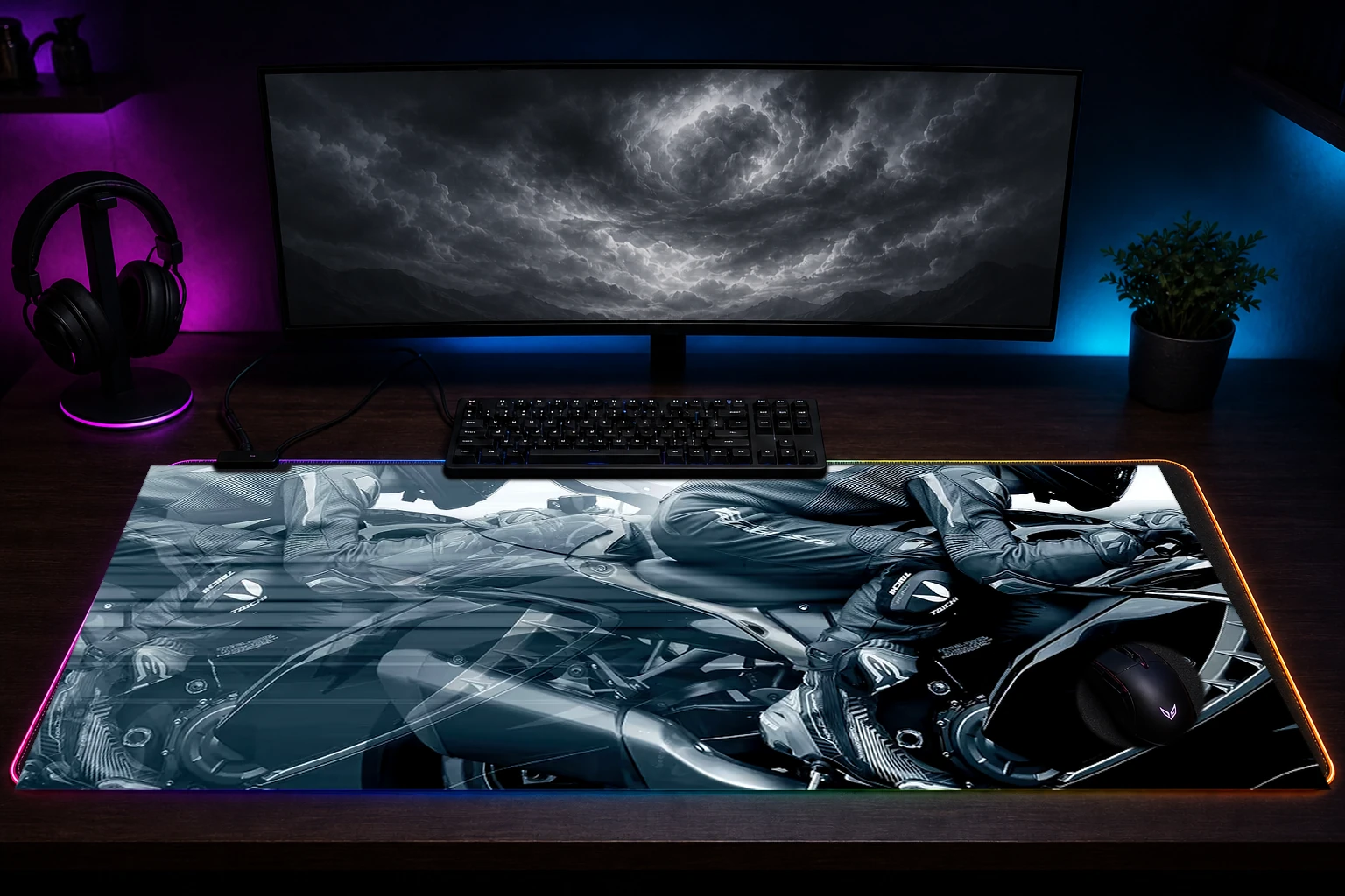 Suzuki Hayabusa RGB Desk Mat immersive setup scene