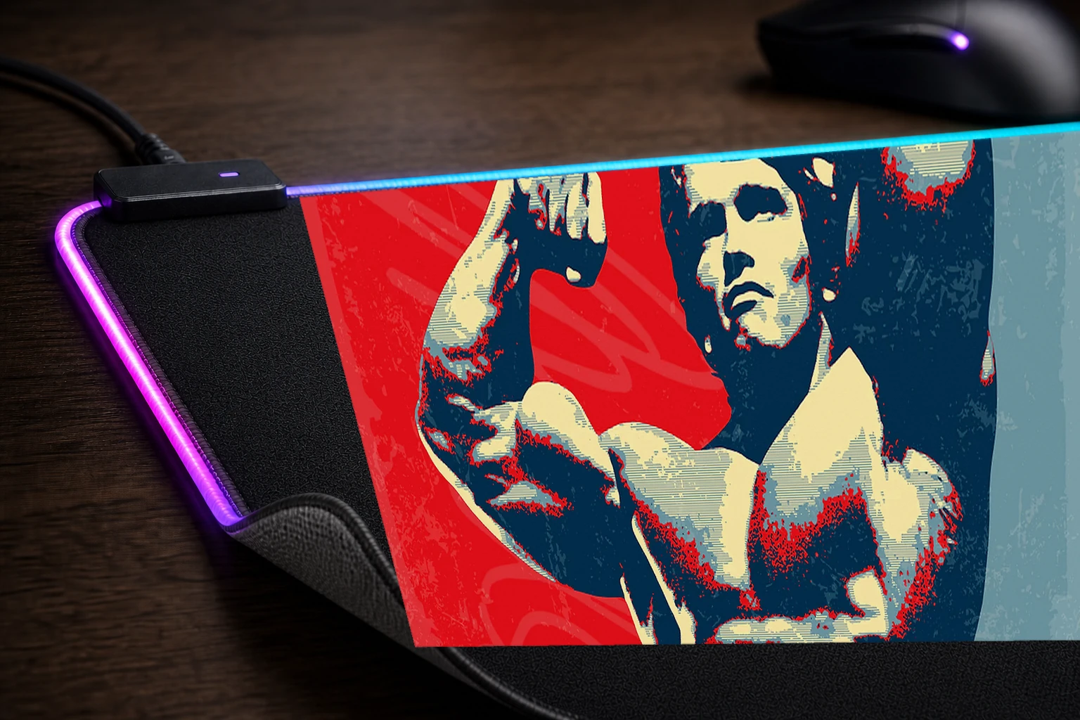 Arnold Schwarzenegger artwork RGB Desk Mat controller and material detail
