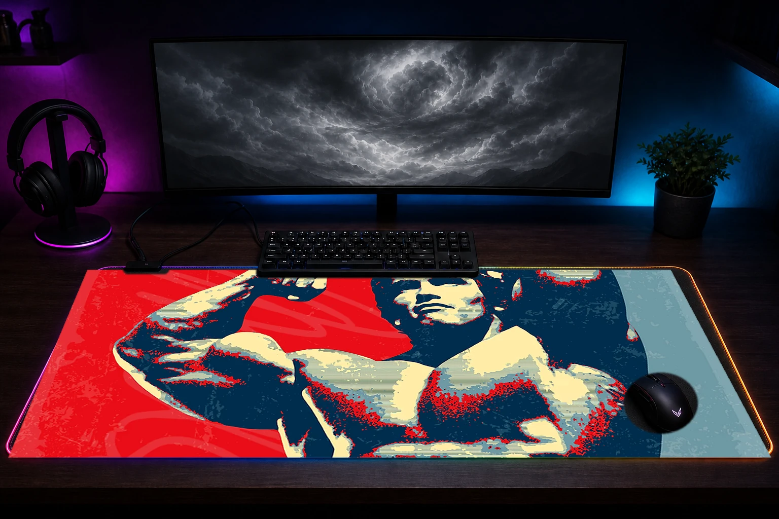 Arnold Schwarzenegger artwork RGB Desk Mat immersive setup scene