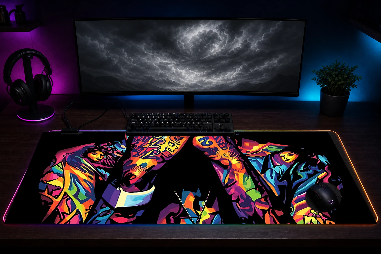 Wiz Khalifa Colorful Portrait RGB Desk Mat immersive setup scene