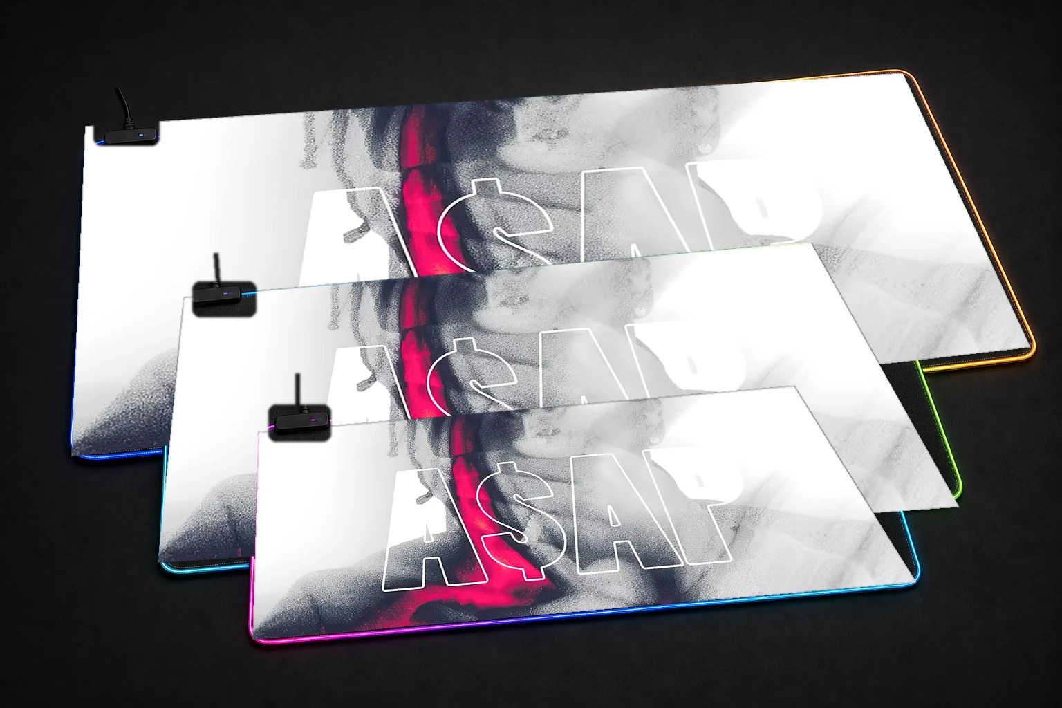 ASAP Rocky Abstract Portrait RGB Desk Mat three-size comparison
