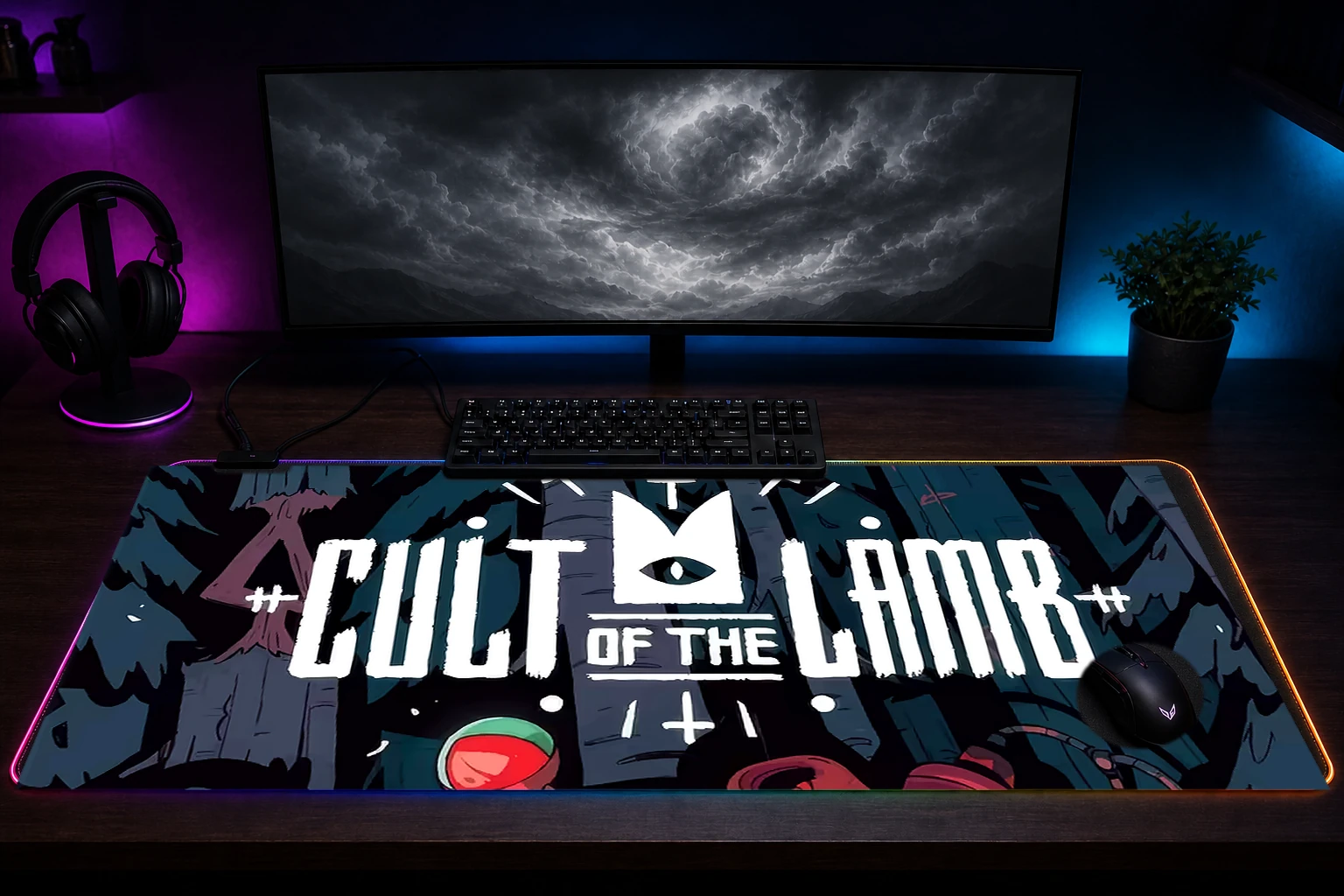 Cult of the Lamb Game Art RGB Desk Mat immersive setup scene