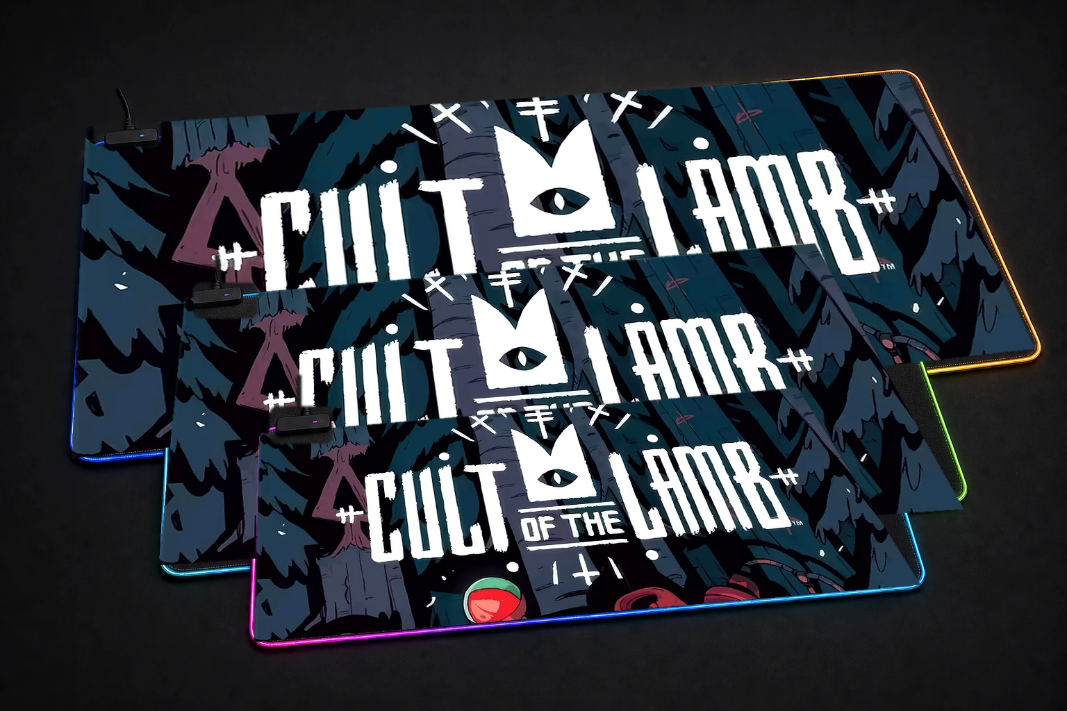 Cult of the Lamb Game Art RGB Desk Mat three-size comparison