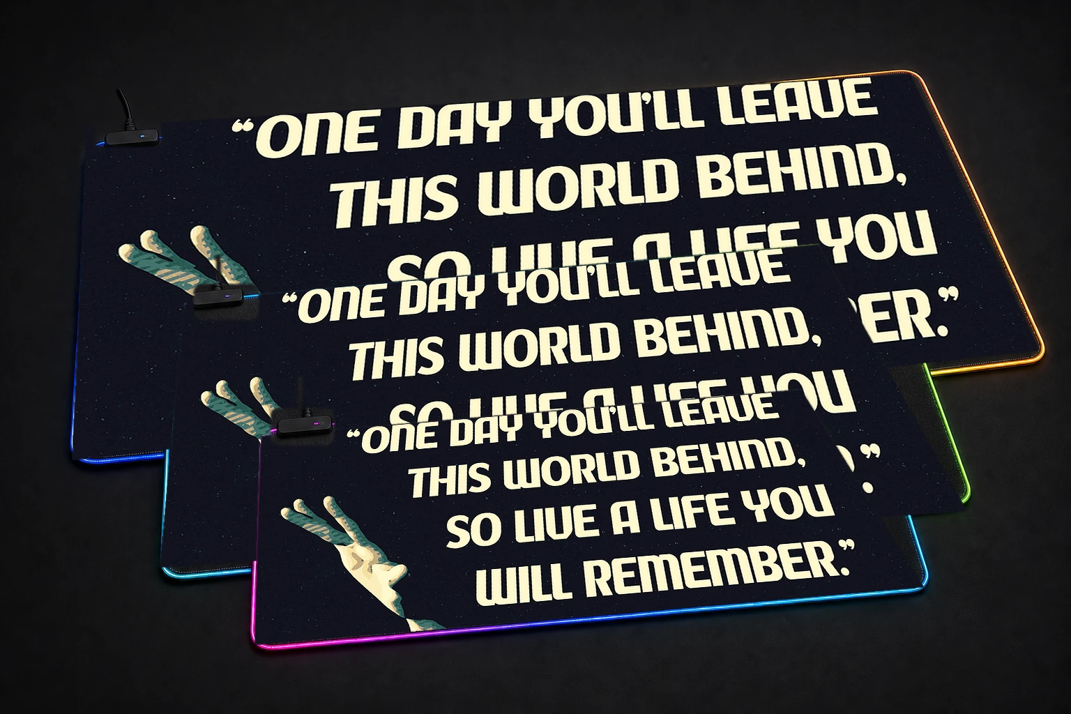 Avicii Inspirational Quote artwork RGB Desk Mat three-size comparison