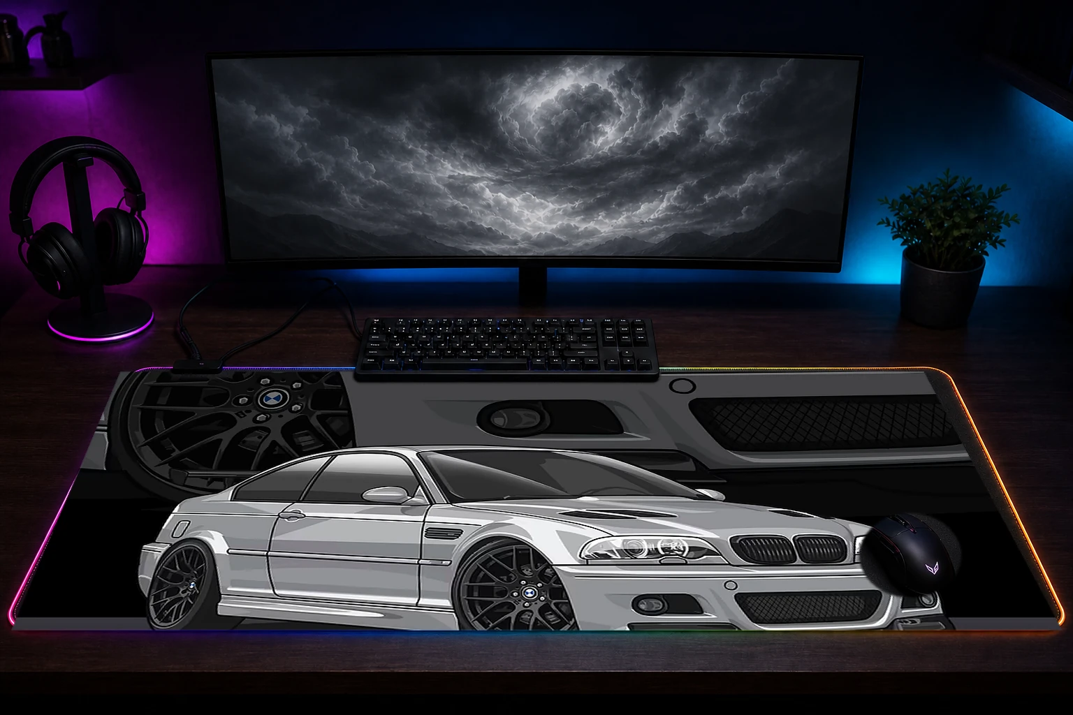 BMW E46 M3 RGB Desk Mat immersive setup scene