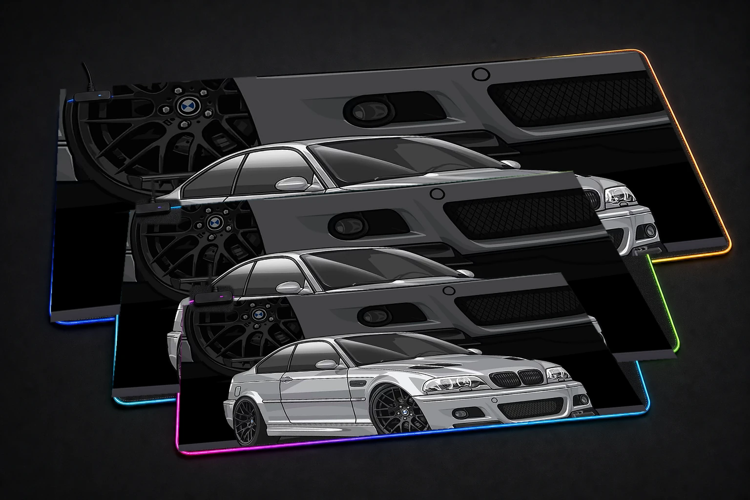 BMW E46 M3 RGB Desk Mat three-size comparison