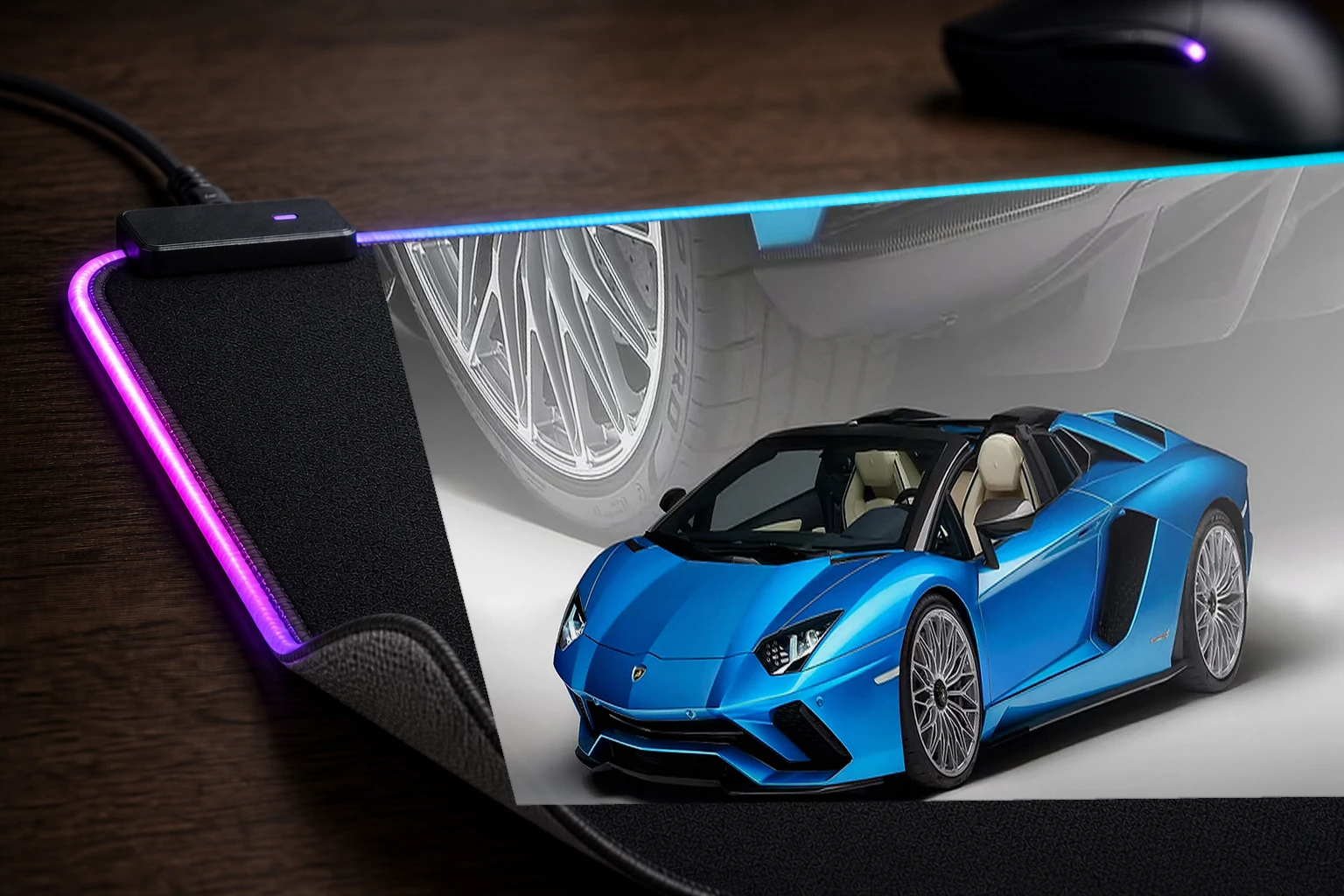 Lamborghini Aventador SVJ Roadster RGB Desk Mat controller and material detail