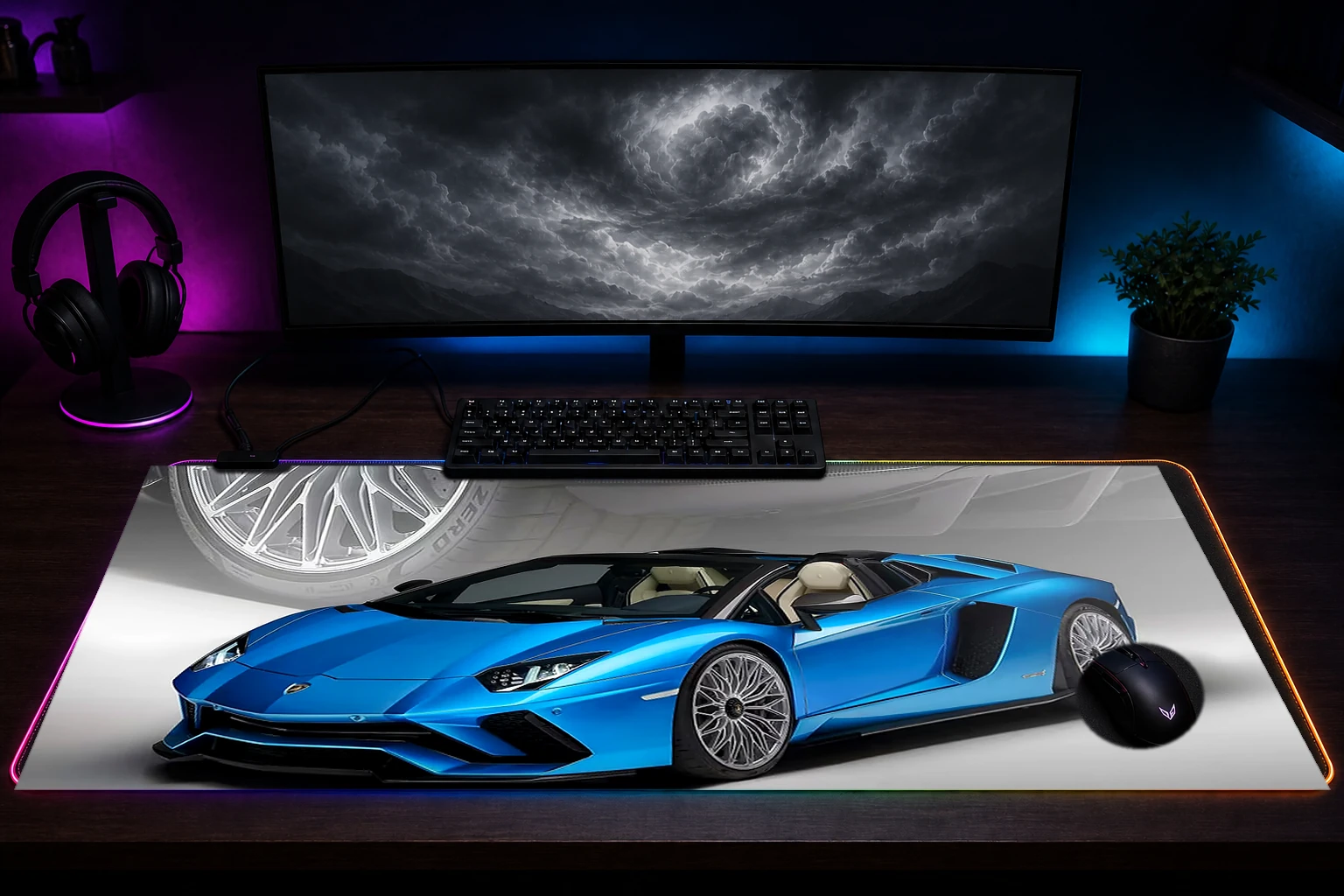 Lamborghini Aventador SVJ Roadster RGB Desk Mat immersive setup scene