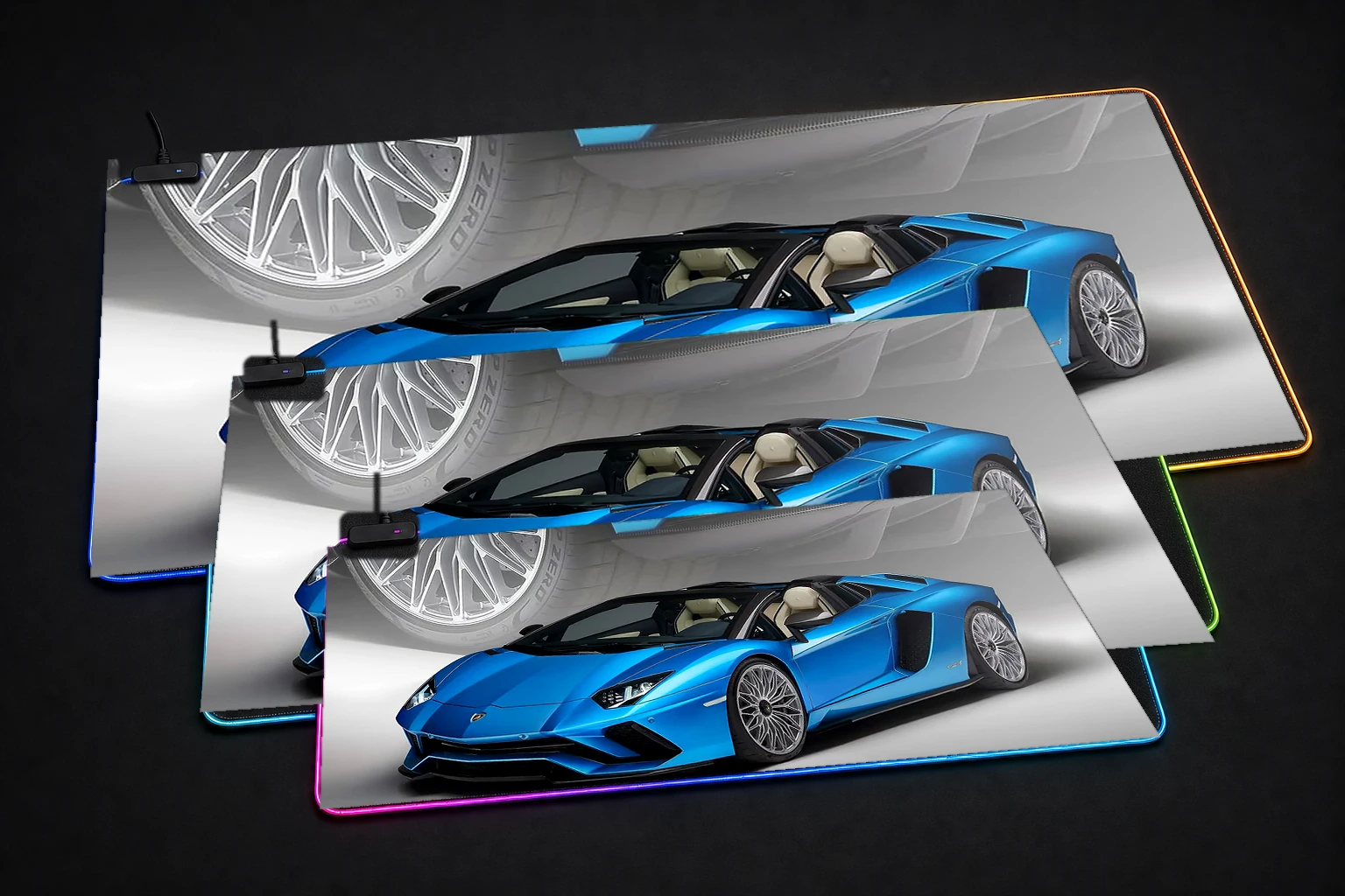 Lamborghini Aventador SVJ Roadster RGB Desk Mat three-size comparison