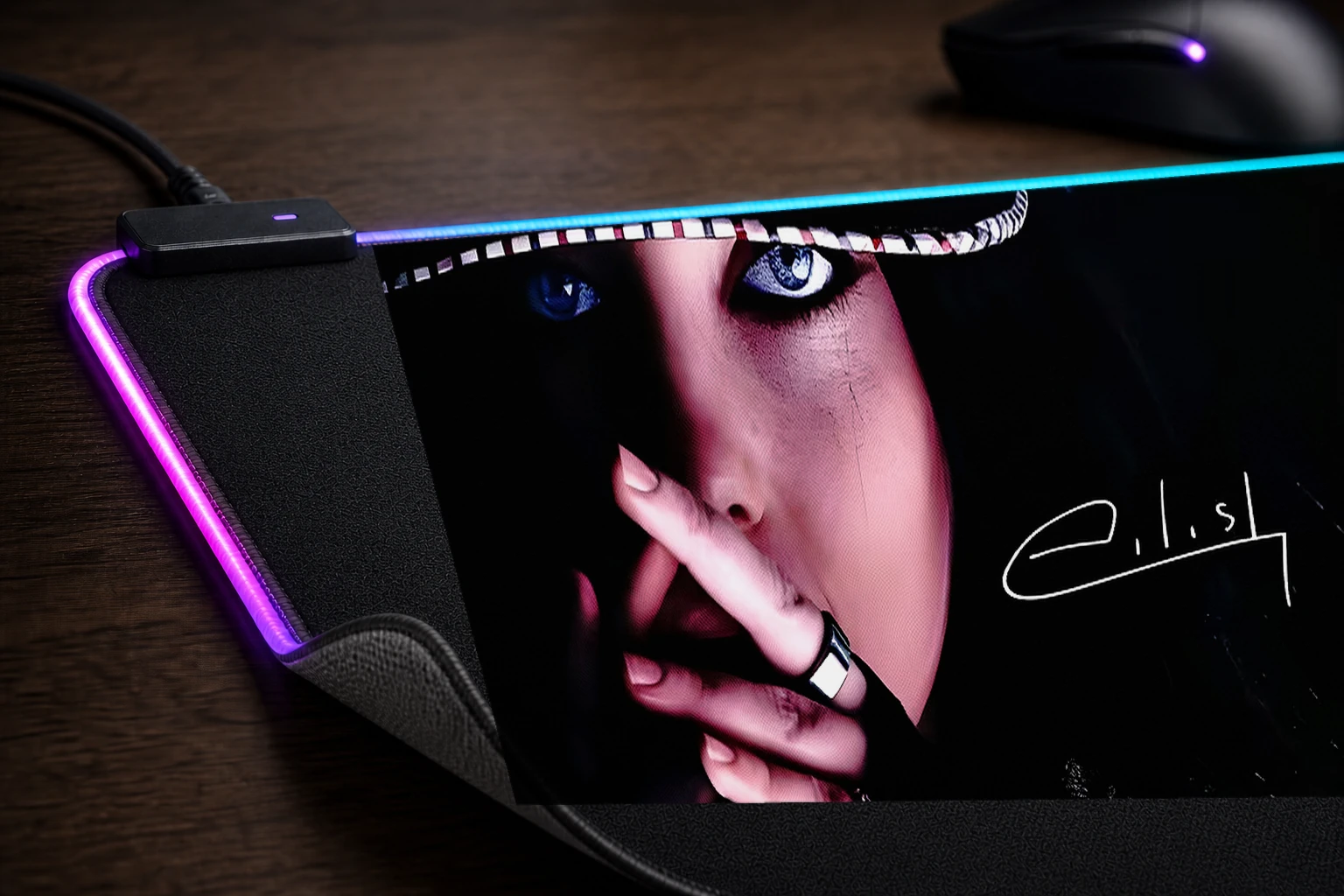 Billie Eilish Portrait Black RGB Desk Mat controller and material detail