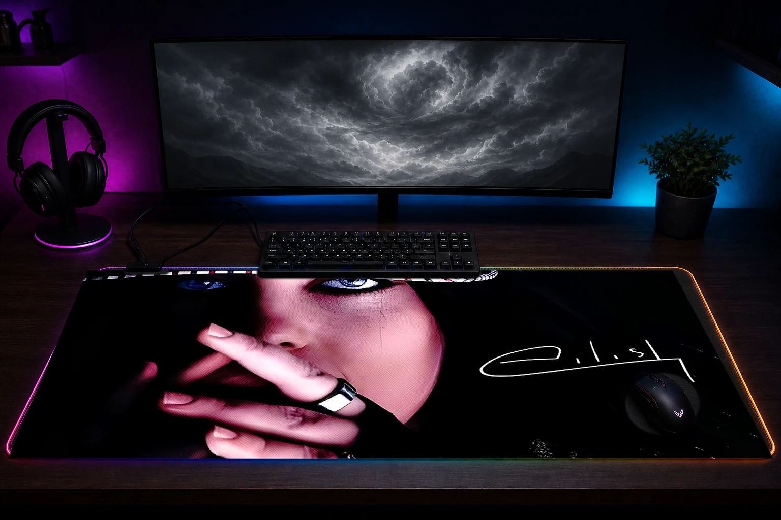 Billie Eilish Portrait Black RGB Desk Mat immersive setup scene