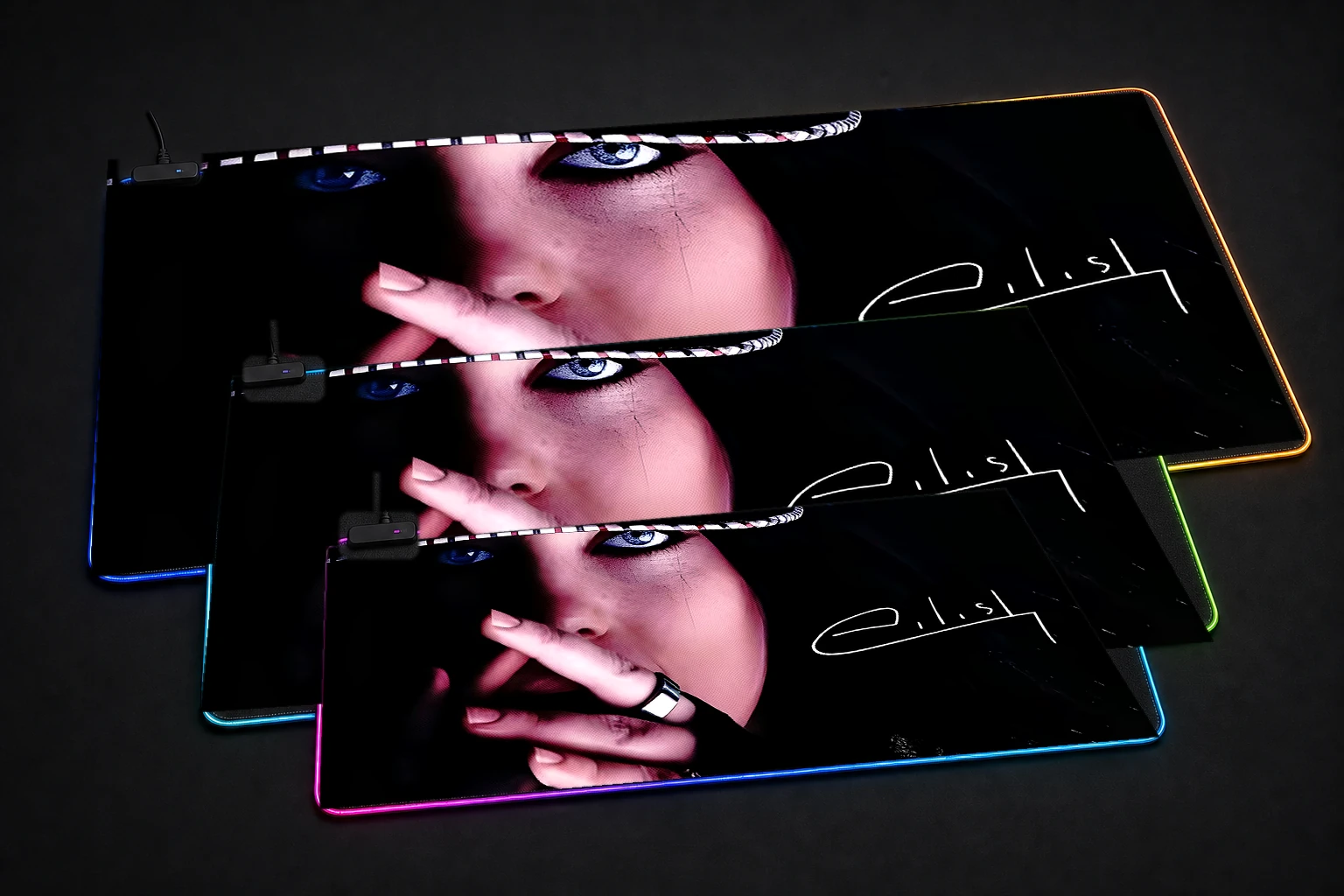 Billie Eilish Portrait Black RGB Desk Mat three-size comparison