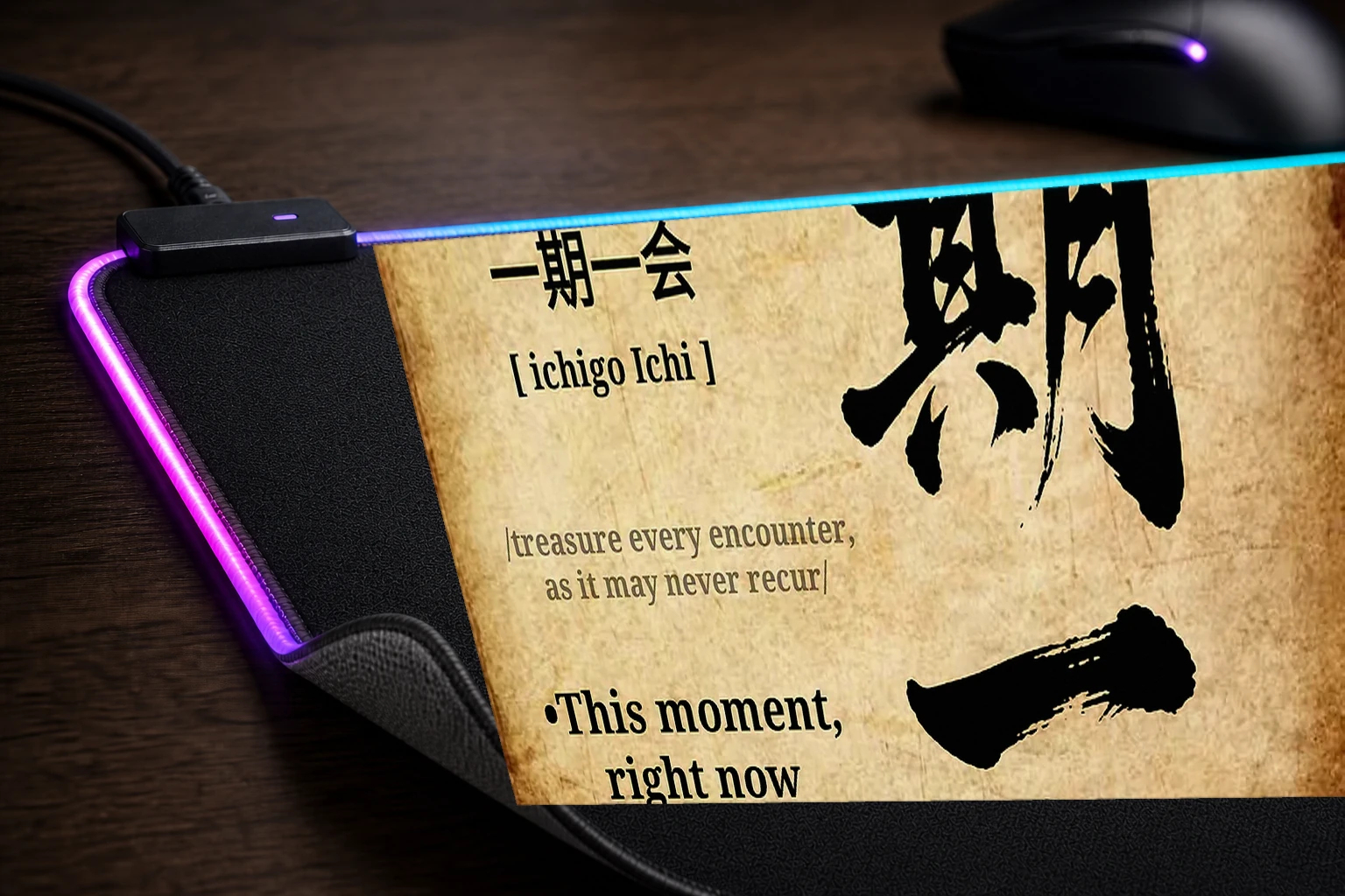 Japanese Calligraphy Ichigo Ichi RGB Desk Mat controller and material detail