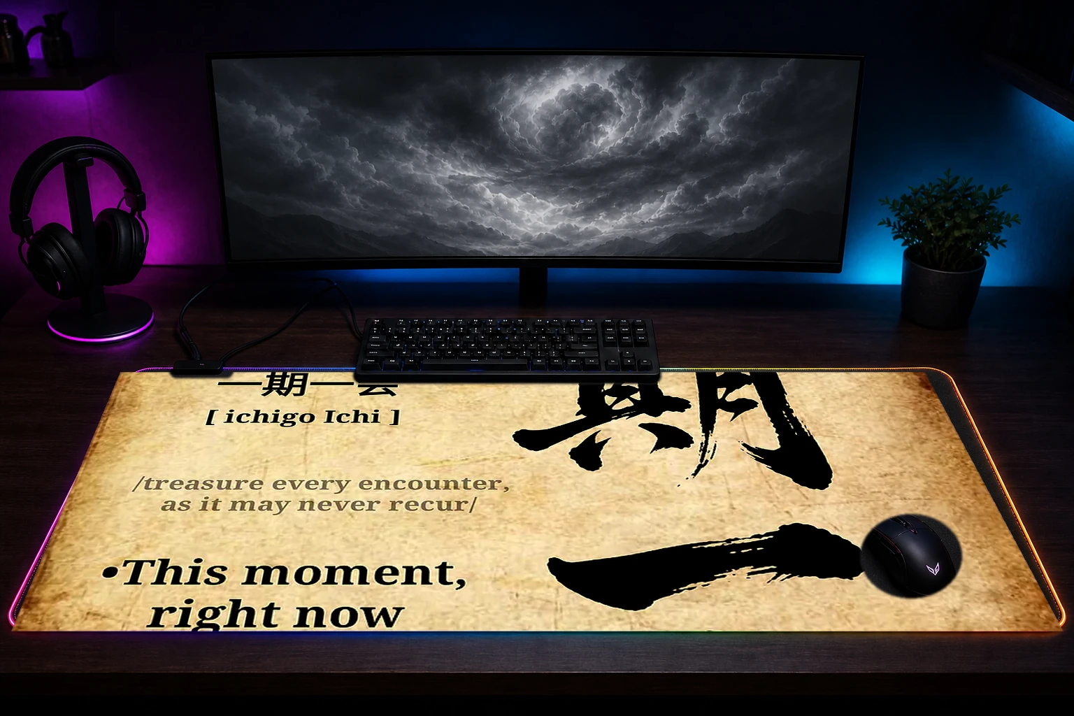 Japanese Calligraphy Ichigo Ichi RGB Desk Mat immersive setup scene