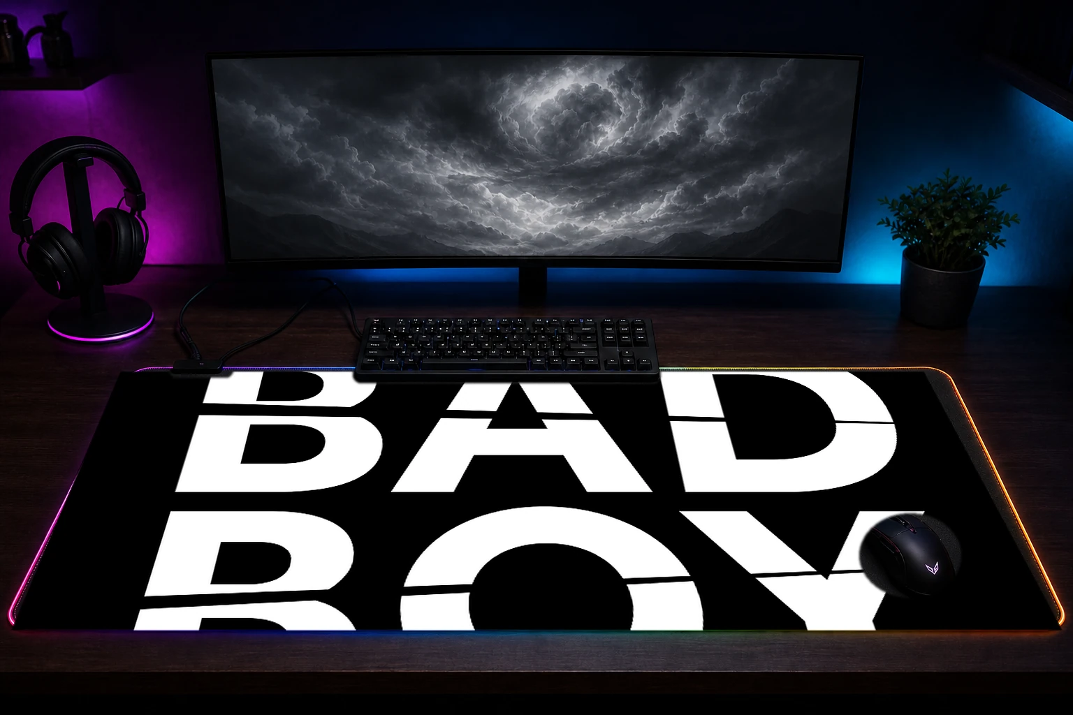 tough man RGB Desk Mat immersive setup scene