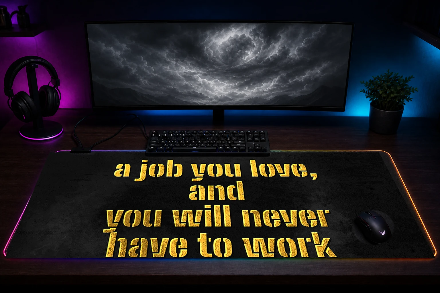 Confucius Best Selling Art RGB Desk Mat immersive setup scene