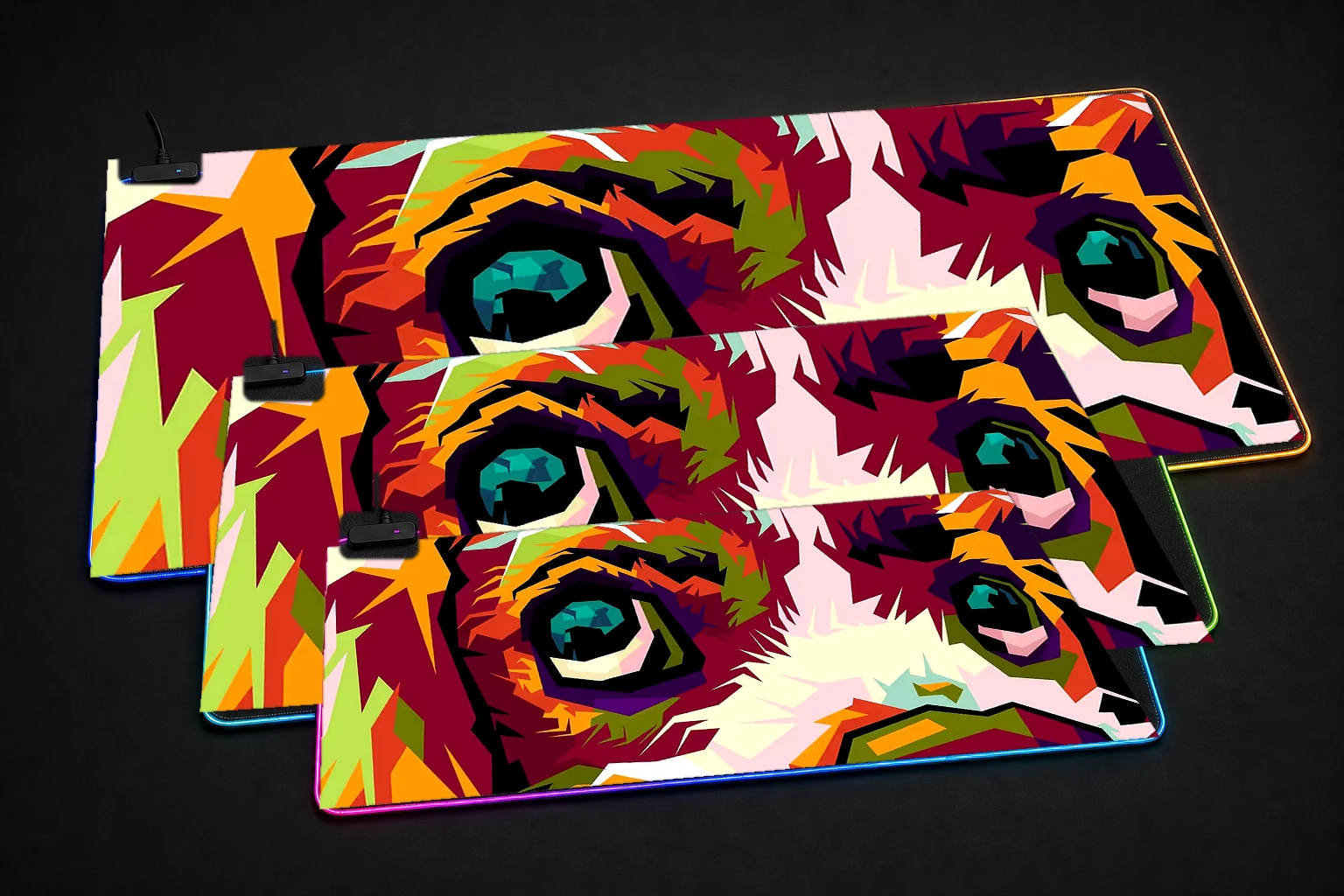 Best selling pet in popart RGB Desk Mat three-size comparison