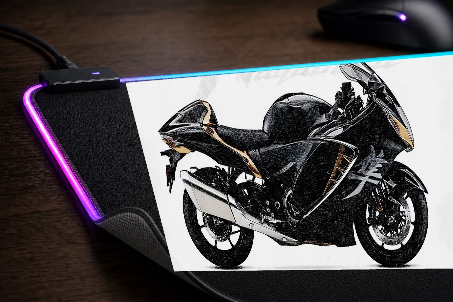 Suzuki Hayabusa Motorcycle RGB Desk Mat controller and material detail