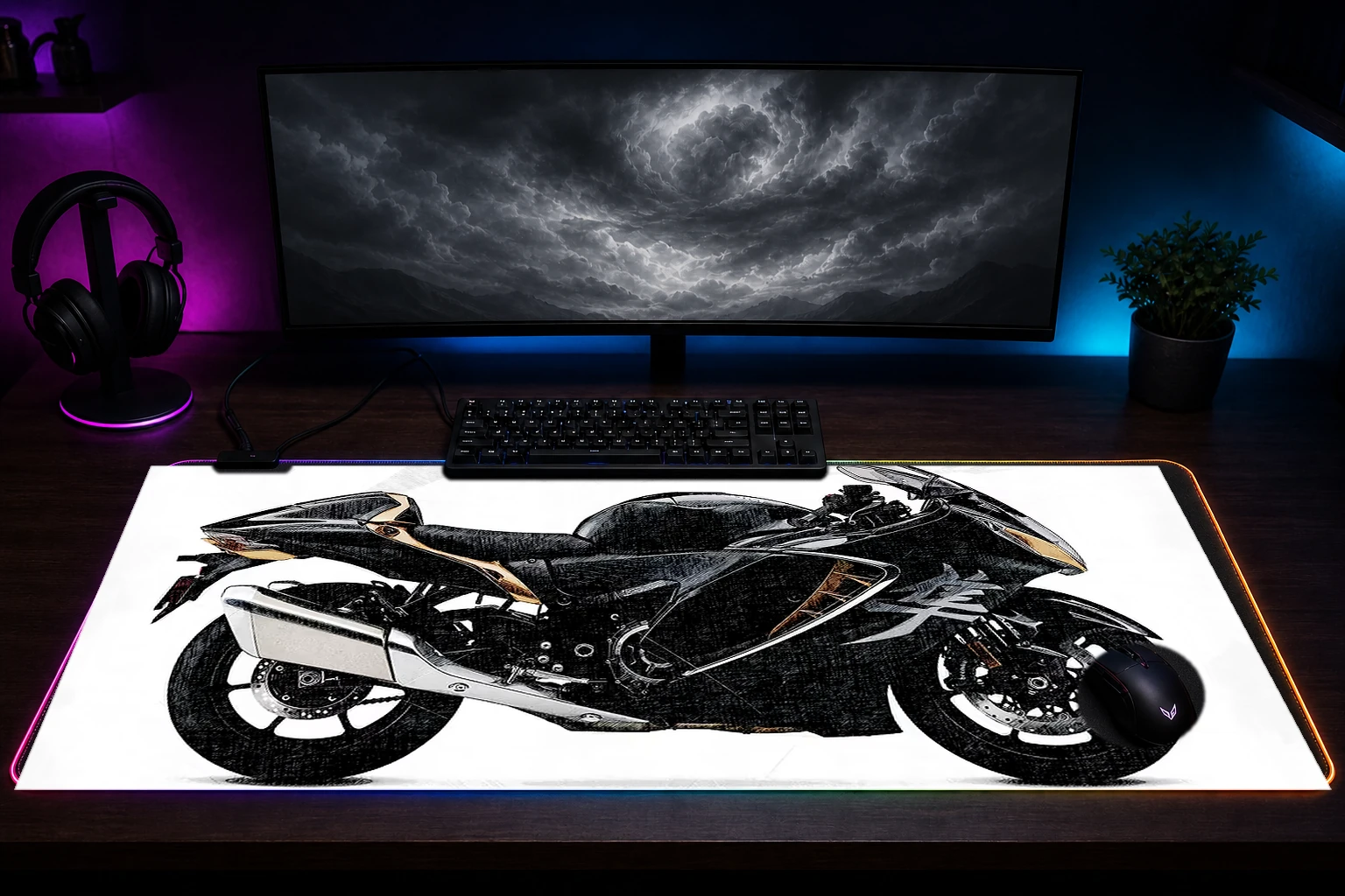 Suzuki Hayabusa Motorcycle RGB Desk Mat immersive setup scene