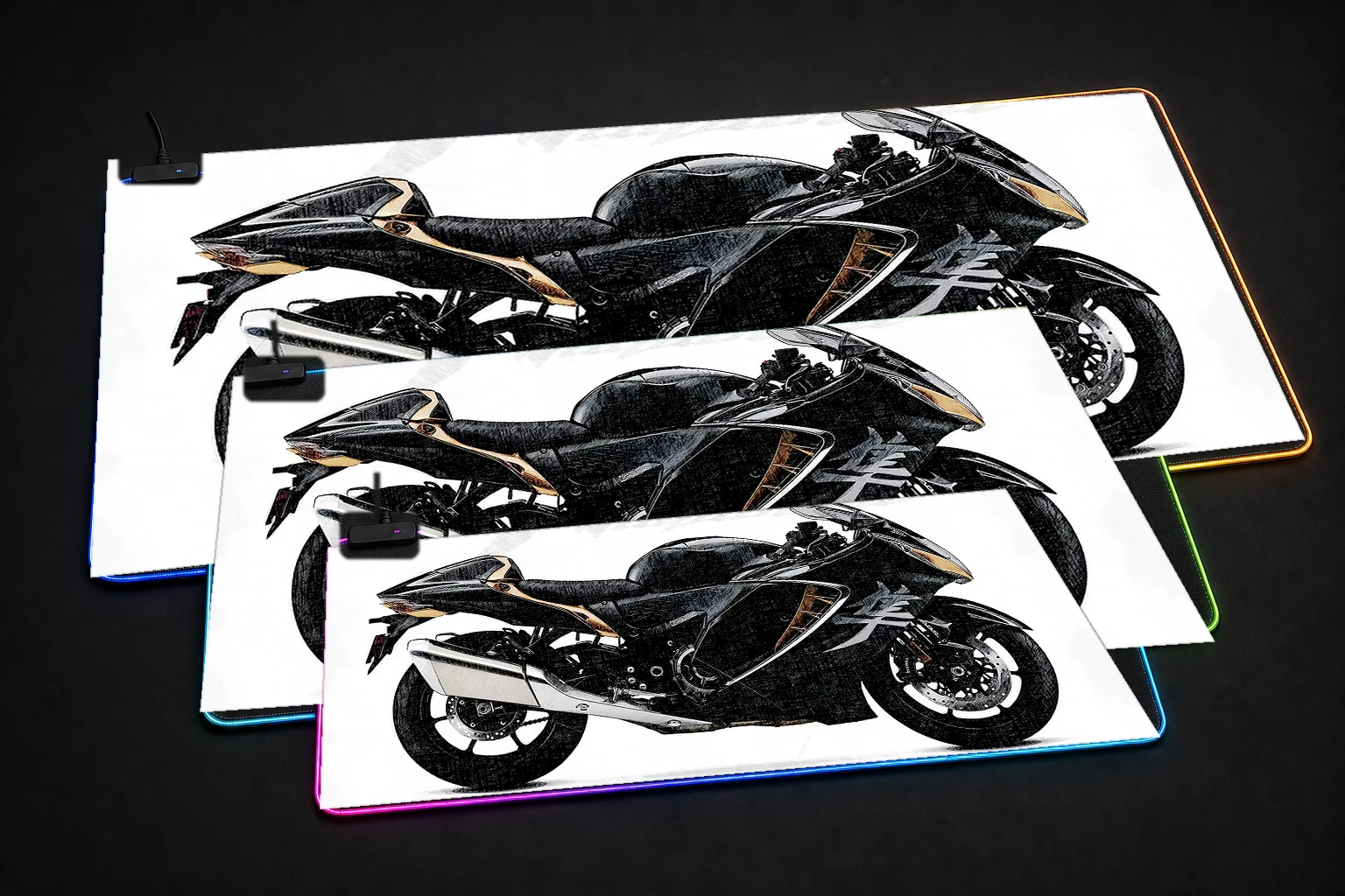 Suzuki Hayabusa Motorcycle RGB Desk Mat three-size comparison