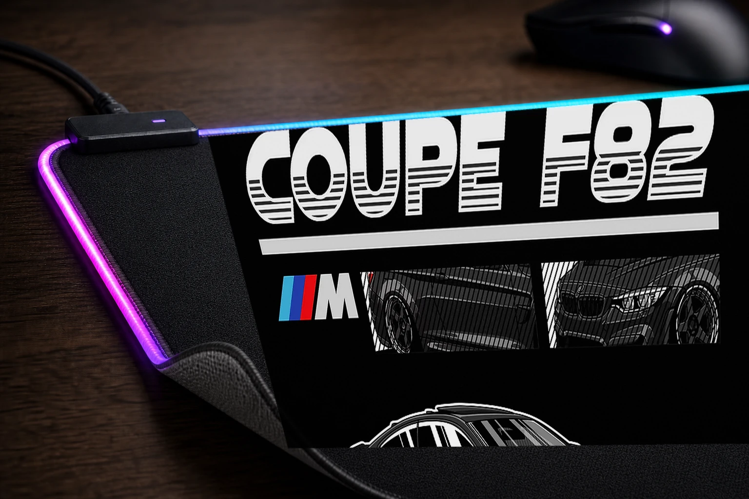 BMW M4 Coupe F82 Black RGB Desk Mat controller and material detail