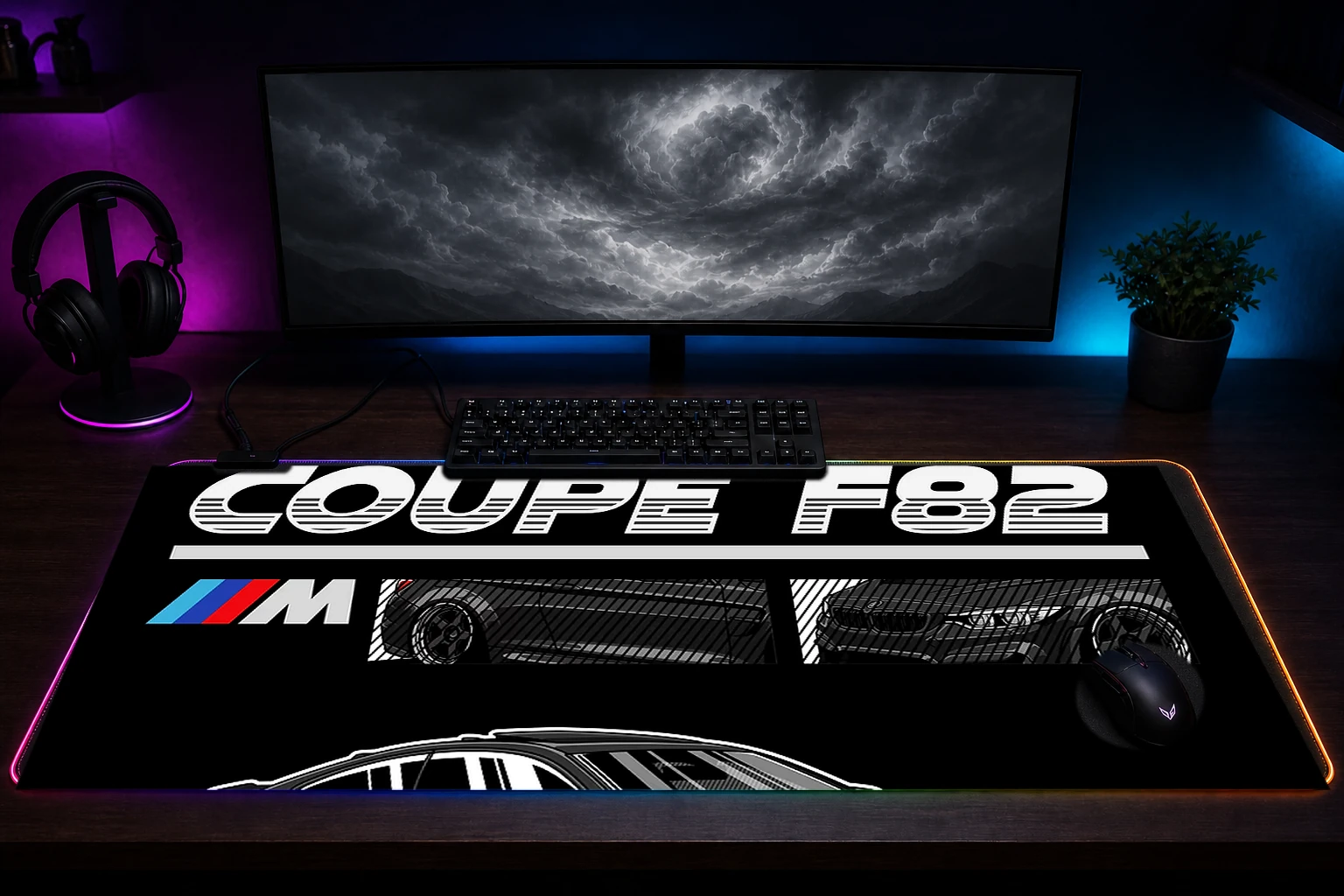BMW M4 Coupe F82 Black RGB Desk Mat immersive setup scene