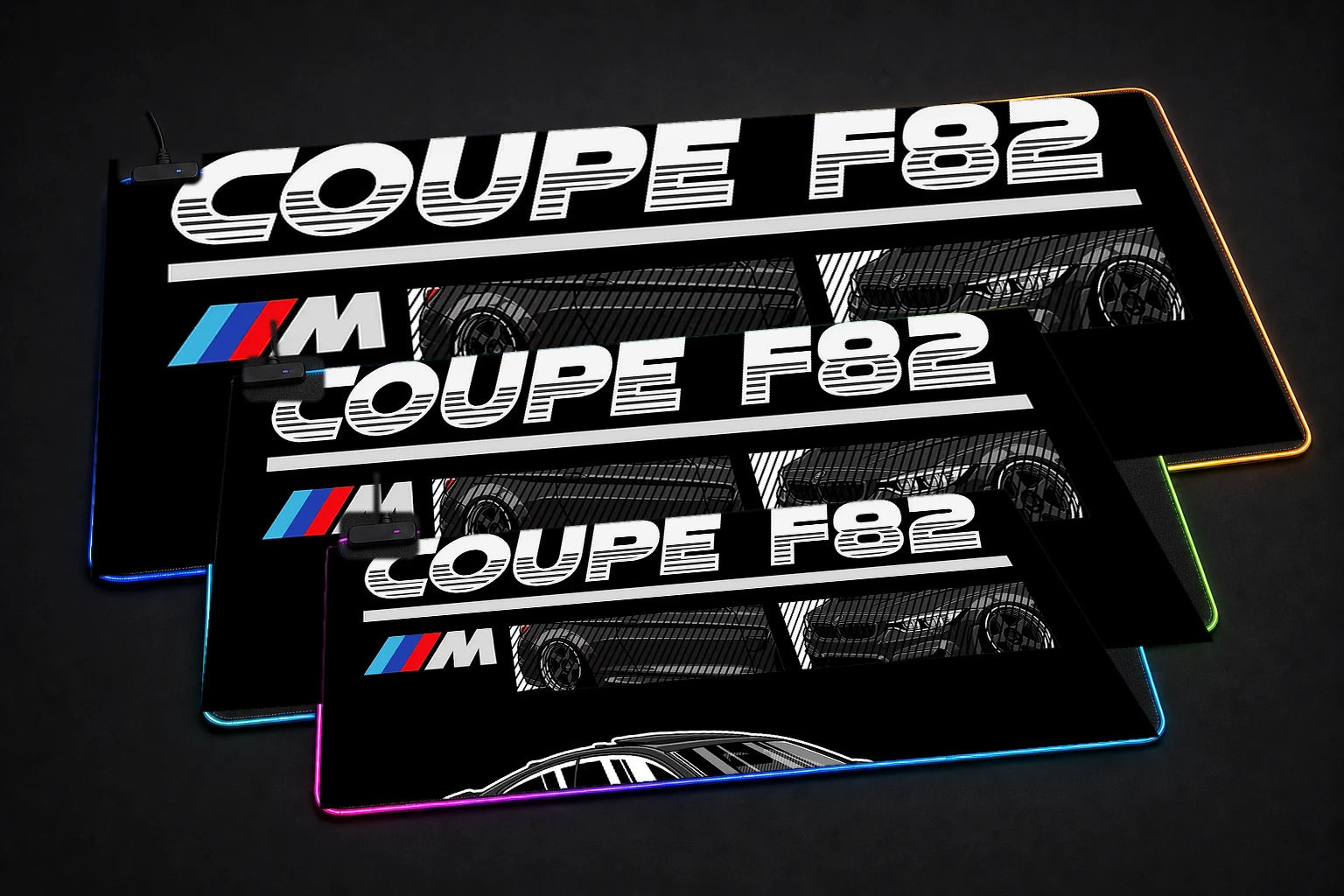 BMW M4 Coupe F82 Black RGB Desk Mat three-size comparison