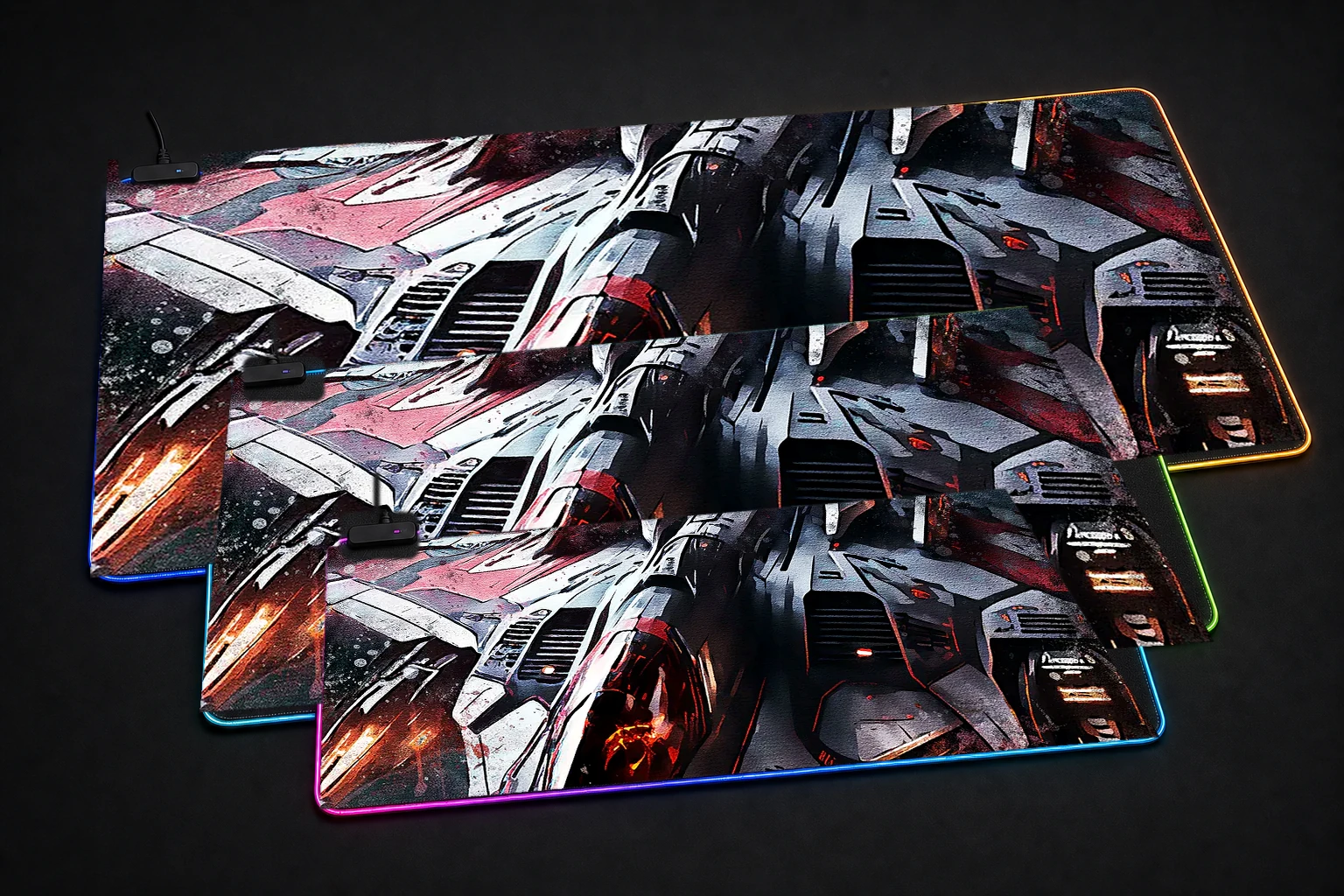 Splatter Jet RGB Desk Mat three-size comparison