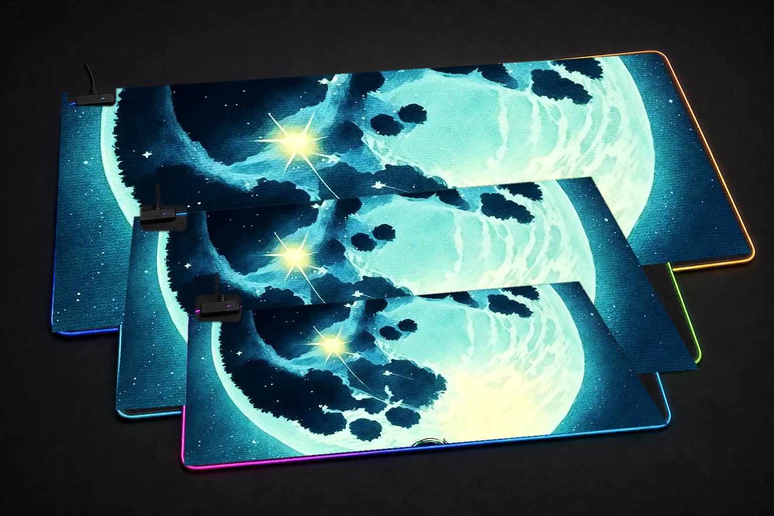 Look at the Moon RGB Desk Mat three-size comparison