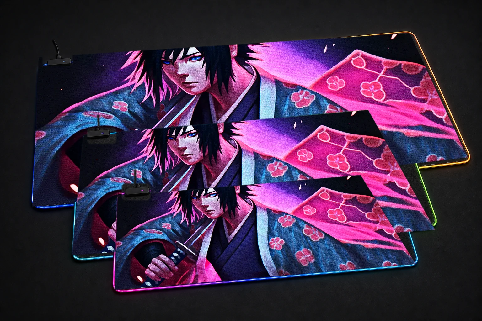 Hunters wearing kimonos RGB Desk Mat three-size comparison
