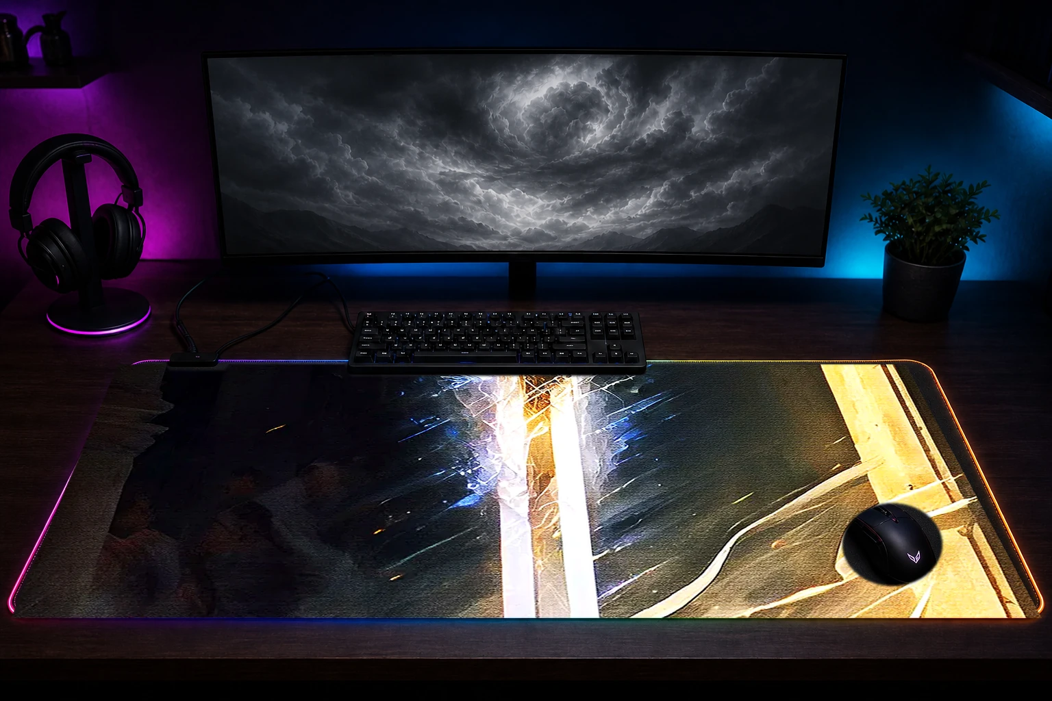 Sword Legend Art RGB Desk Mat immersive setup scene