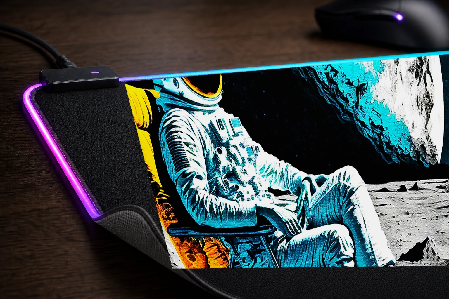Astronaut sitting In Chair RGB Desk Mat controller and material detail
