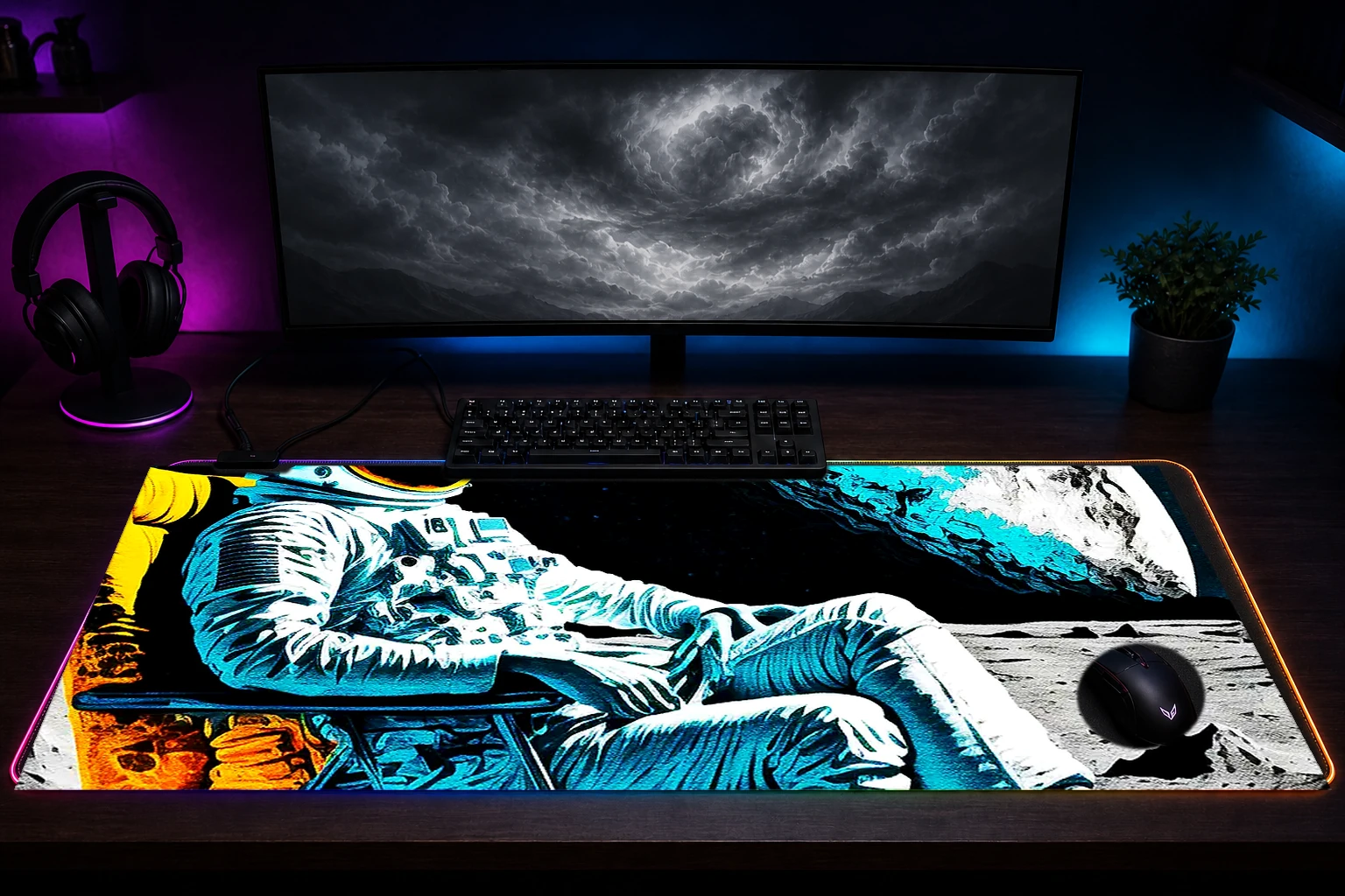 Astronaut sitting In Chair RGB Desk Mat immersive setup scene