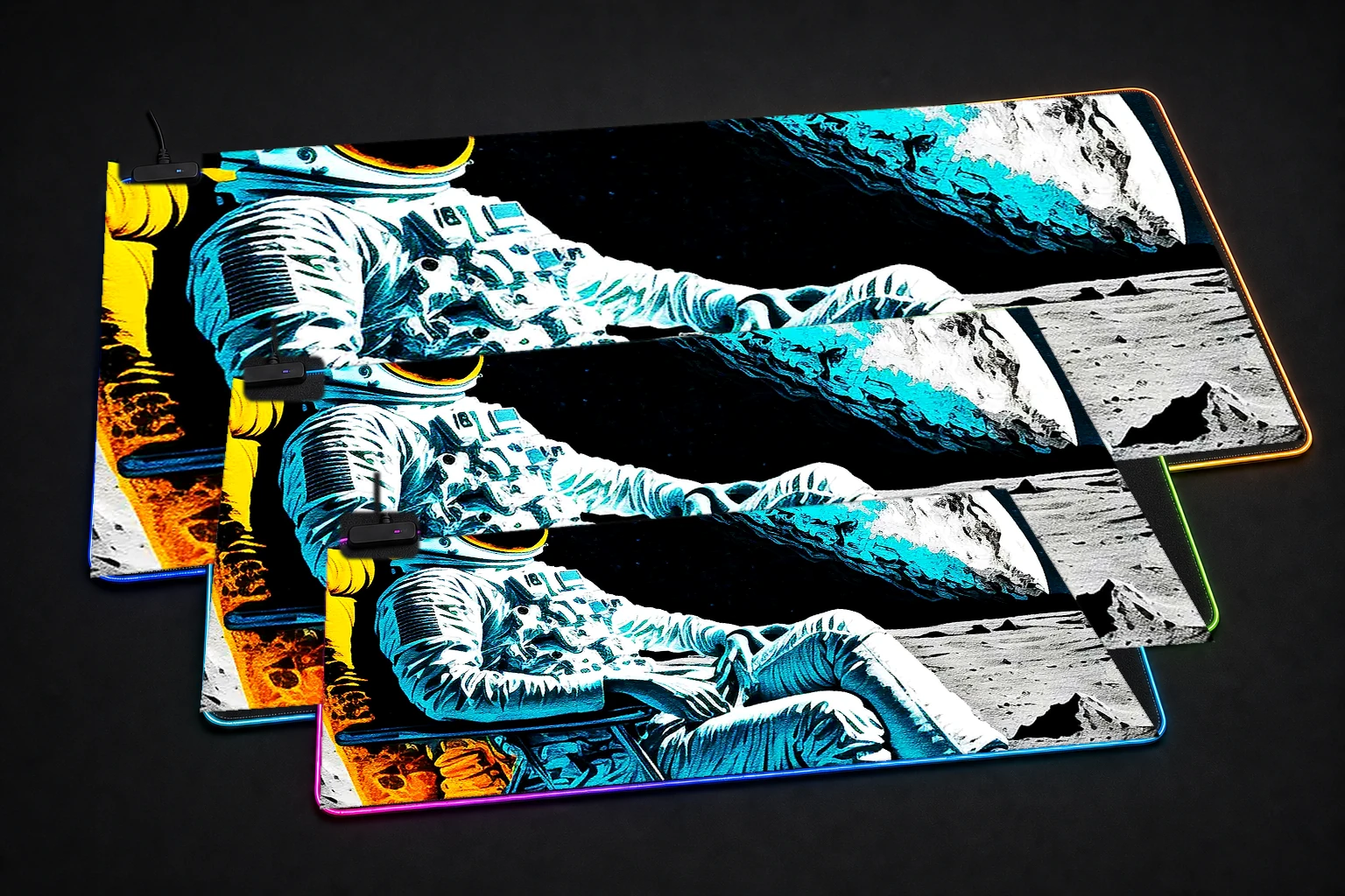 Astronaut sitting In Chair RGB Desk Mat three-size comparison